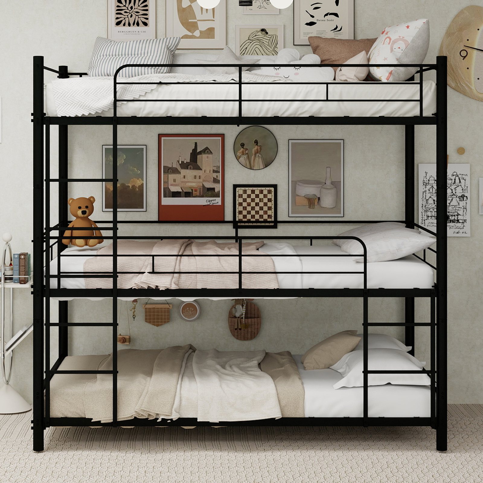 Black Three-layer Reinforced Iron High And Low Beds, Three Person Metal Bed — image 2