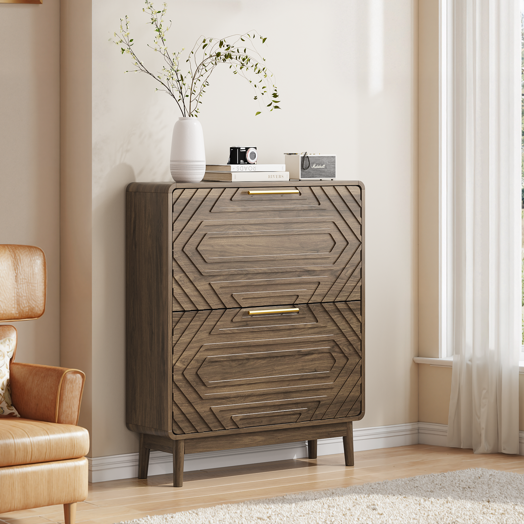 80cm Walnut Shoe Cabinet, Mid-Century Modern Freestanding Organizer With 2 — image 3
