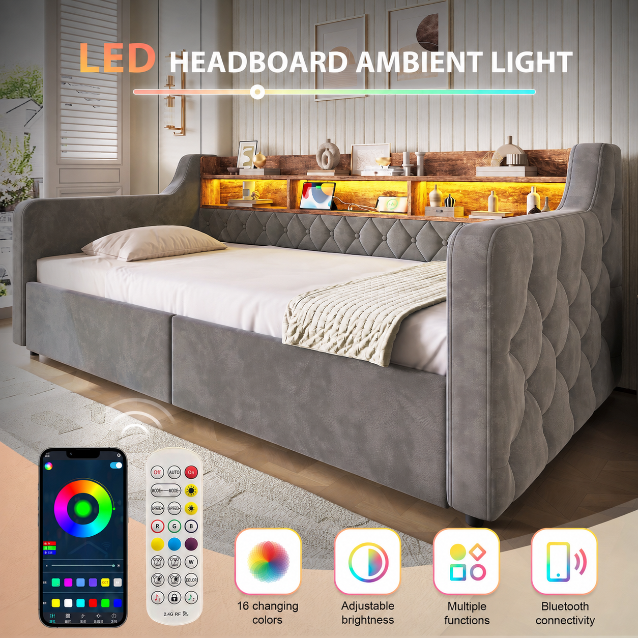 Upholstered Storage Bed 90x190 Cm, Velvet Single With LED Lights, USB & Type-C — image 4
