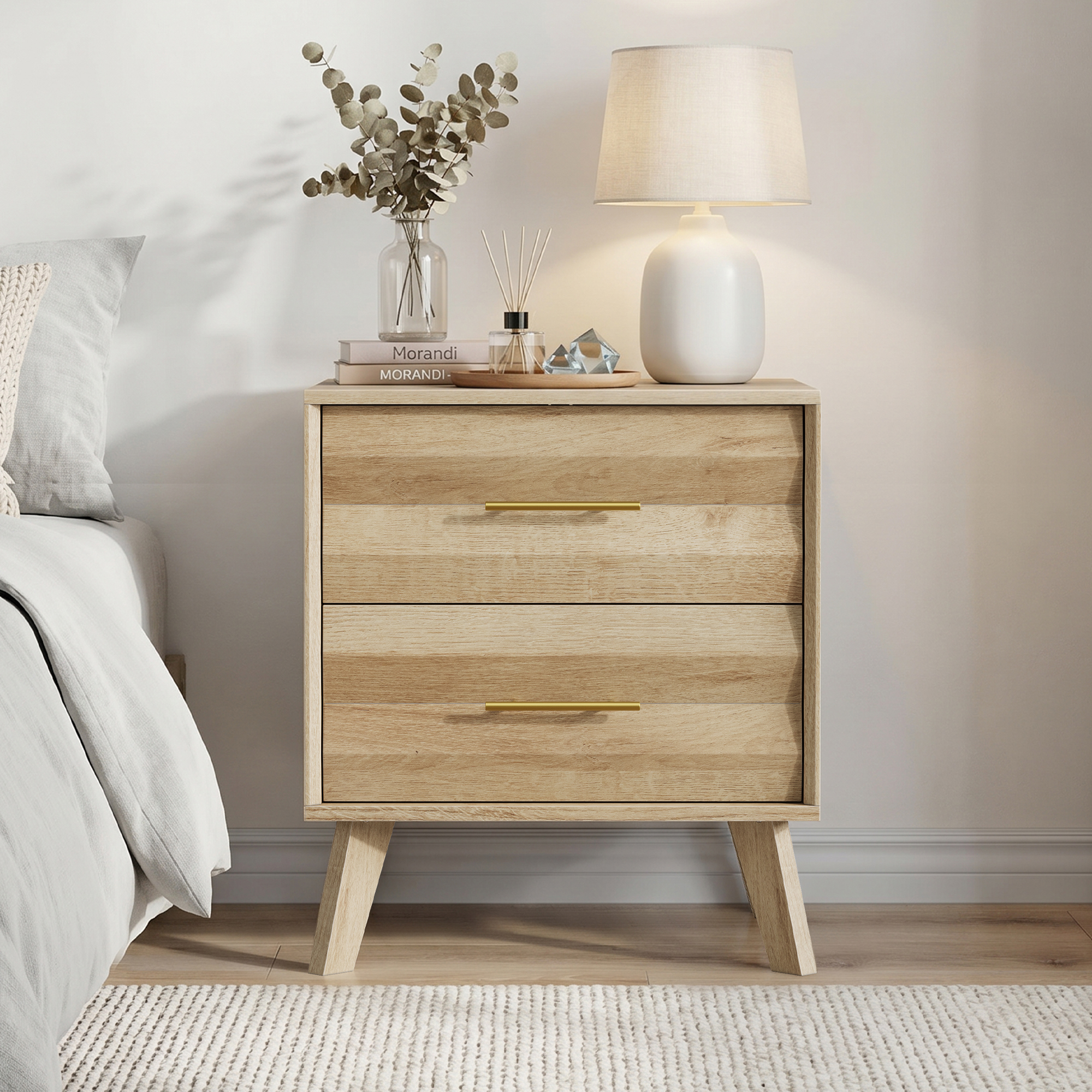 Oak-colored Double-drawer Bedside Table, Medieval-style Modern Bedroom Storage — image 5