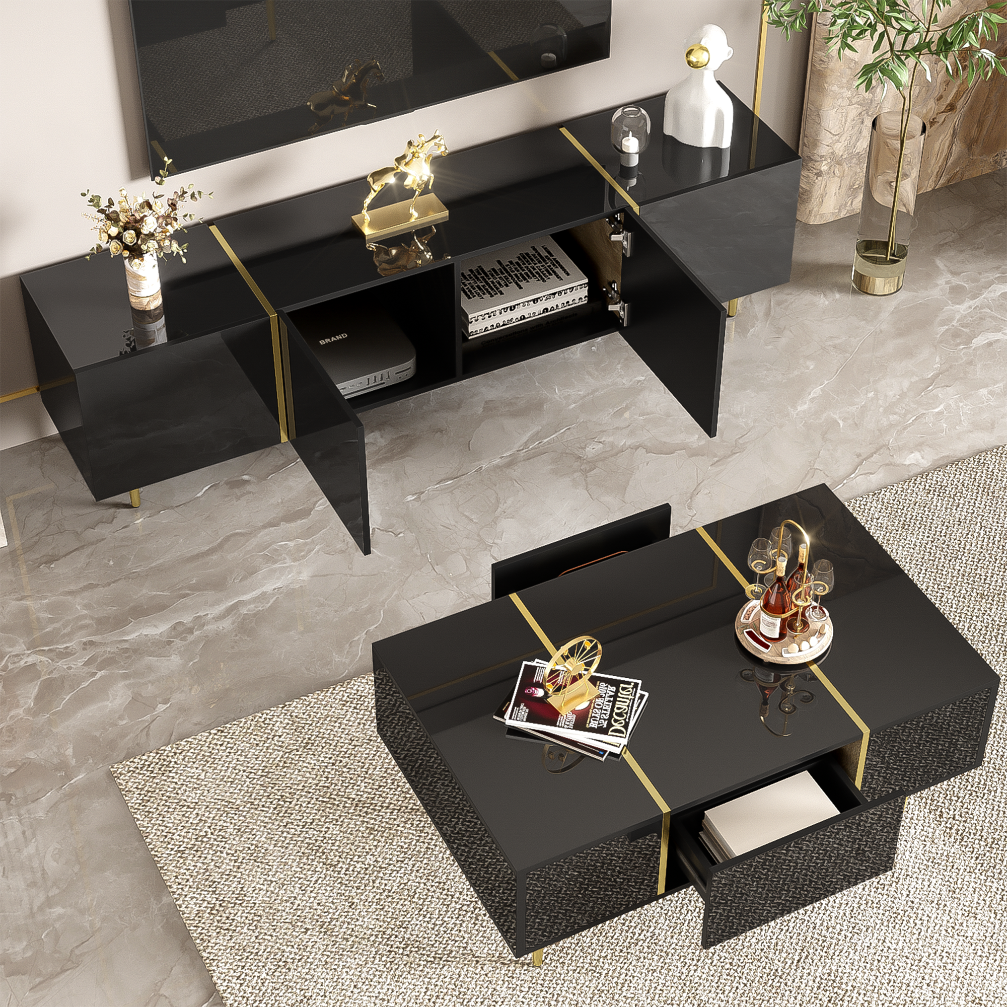 Modern High-gloss Black TV Cabinet And Coffee Table Set — image 4