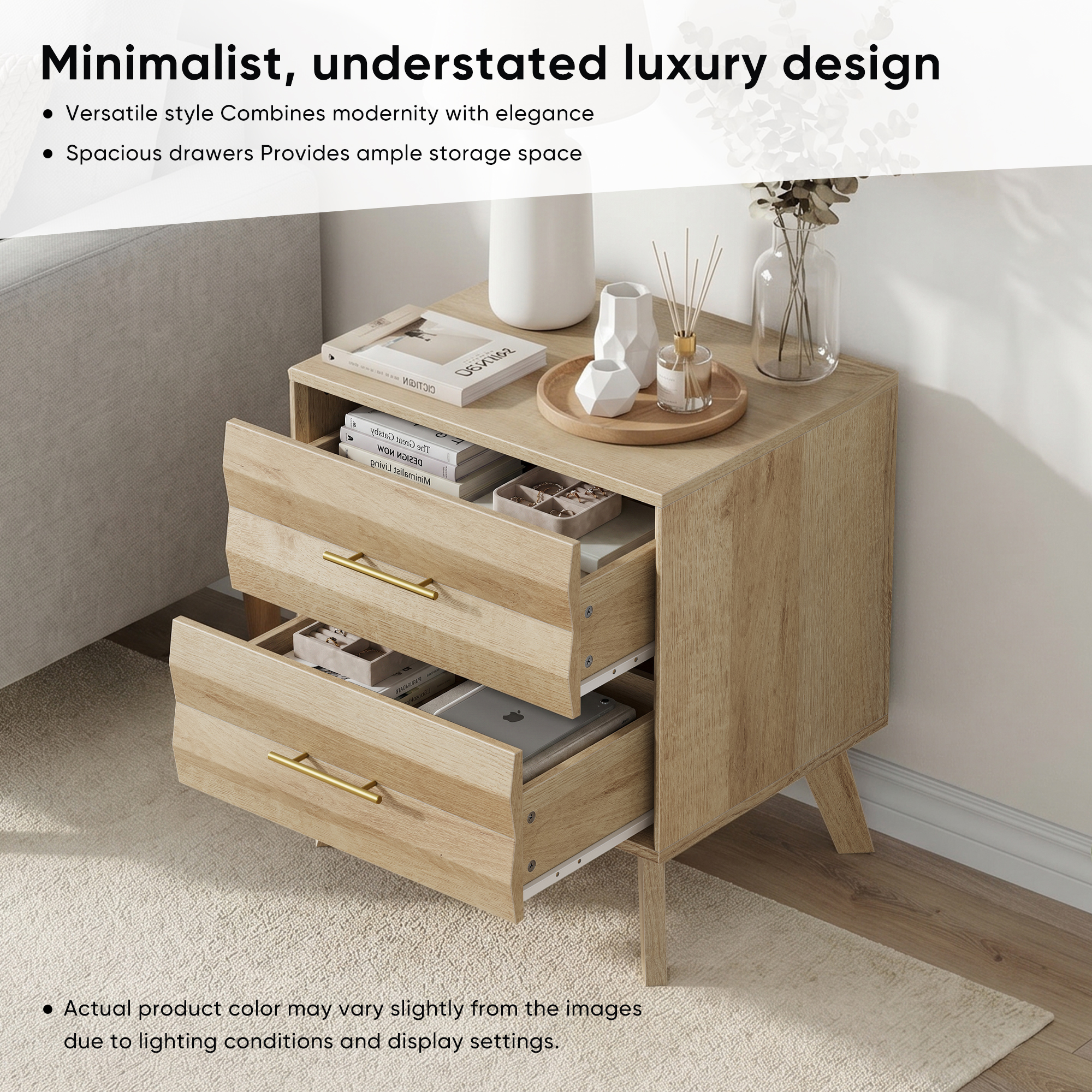 Oak-colored Double-drawer Bedside Table, Medieval-style Modern Bedroom Storage — image 3