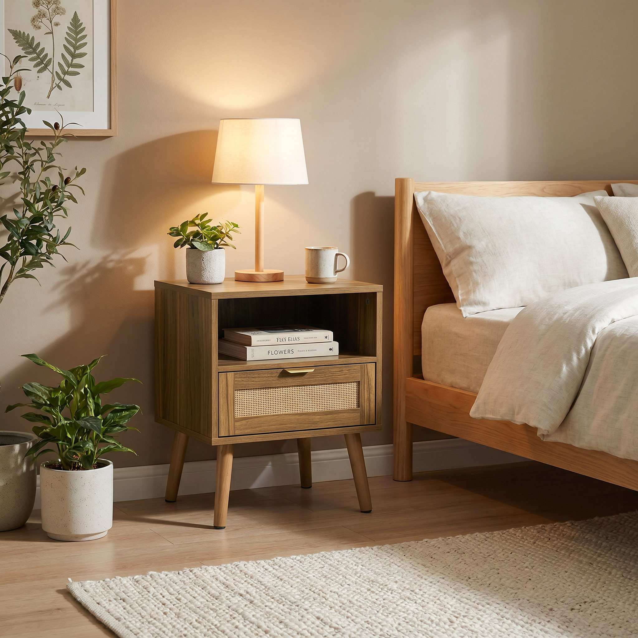 Rattan Nightstand With Walnut Finish, Boho-style Open Shelf, Mid-century Modern — image 4