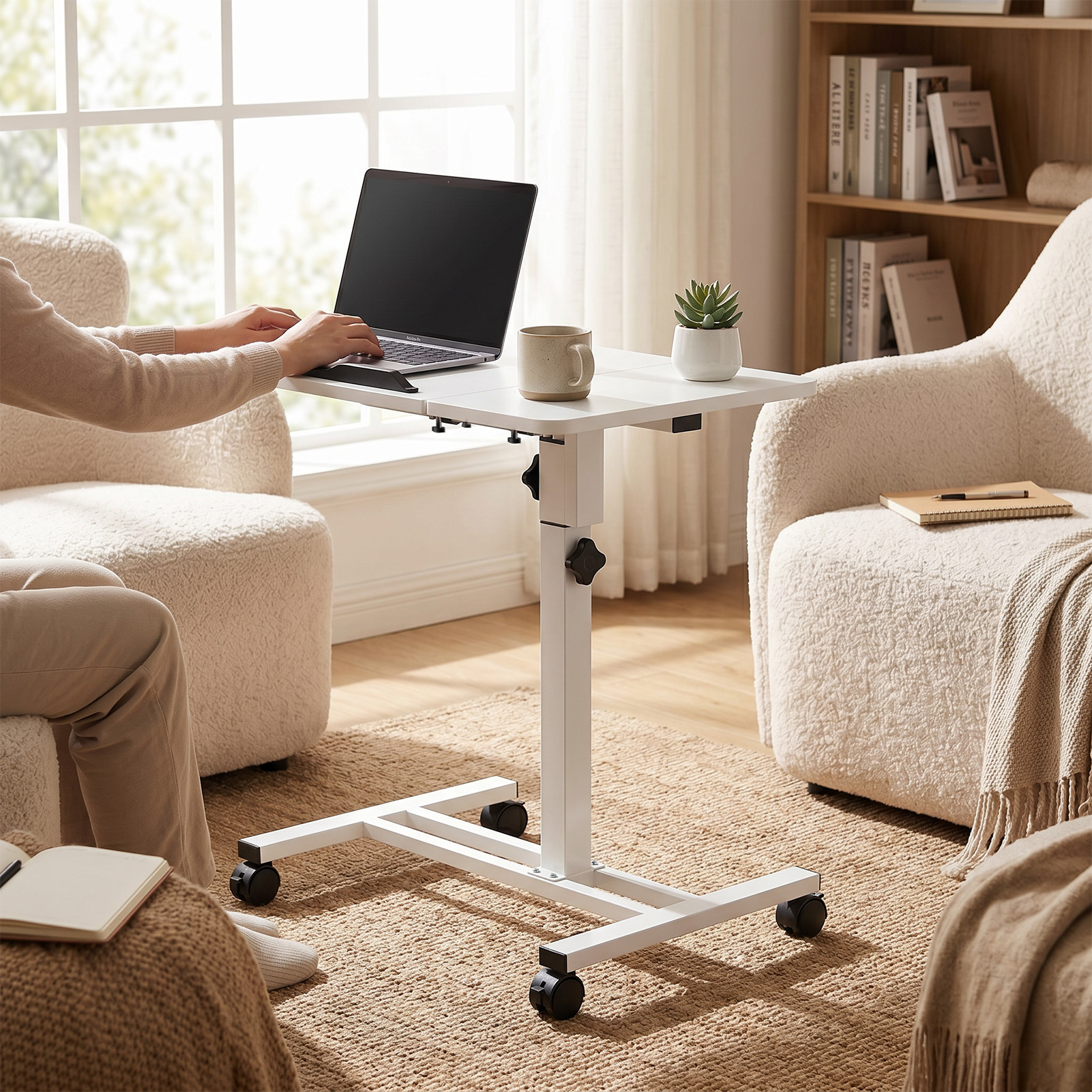 Small Standing Desk With Wheels Wood Height Adjustment Portable Mobile Rolling Table Laptop PC Stand For Home Office