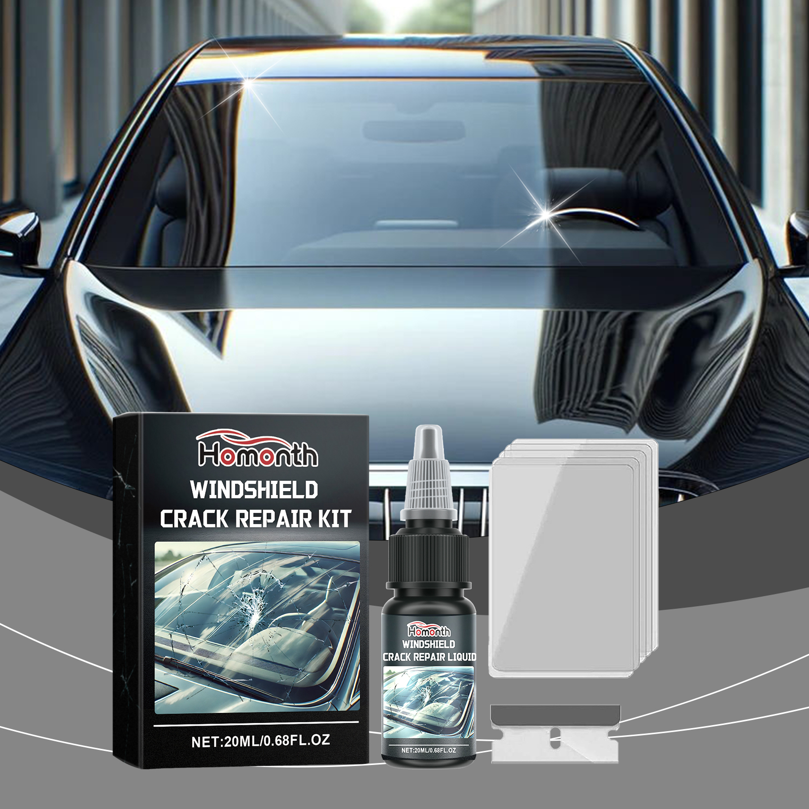 Glass Crack Repair Kit, Windshield Crack Clear View Adhesive Set
