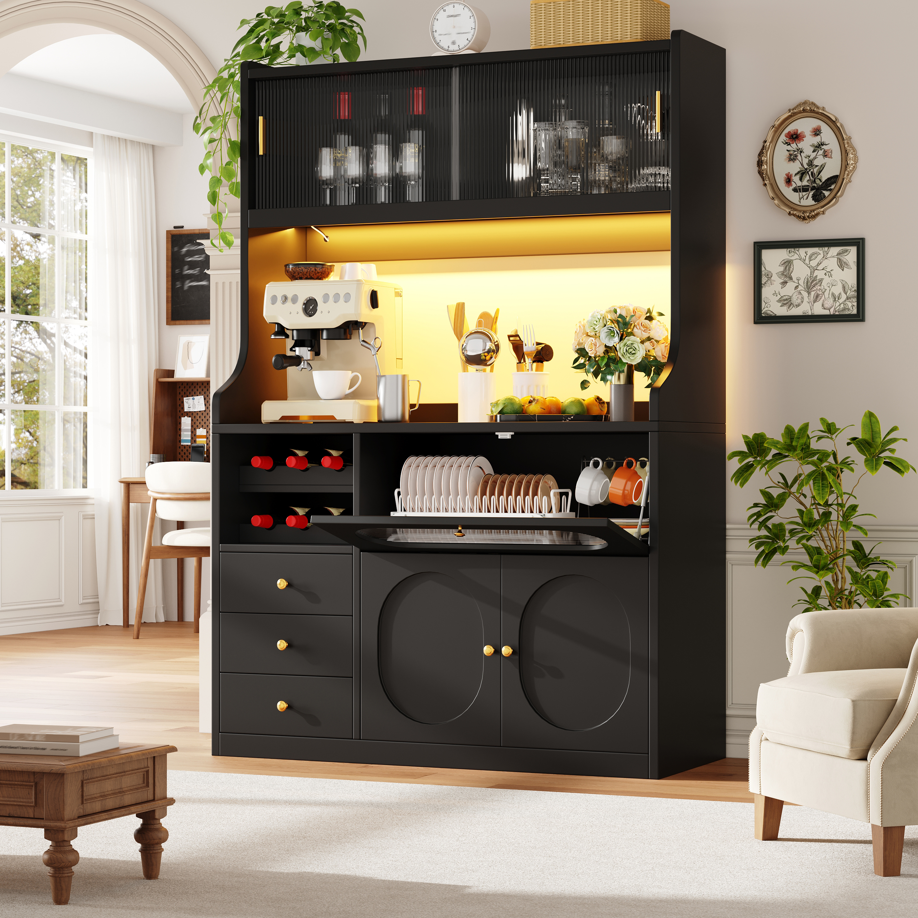 Tall Kitchen Cabinet 120cm With App-controlled RGB LED, Glass Sliding Doors — image 5