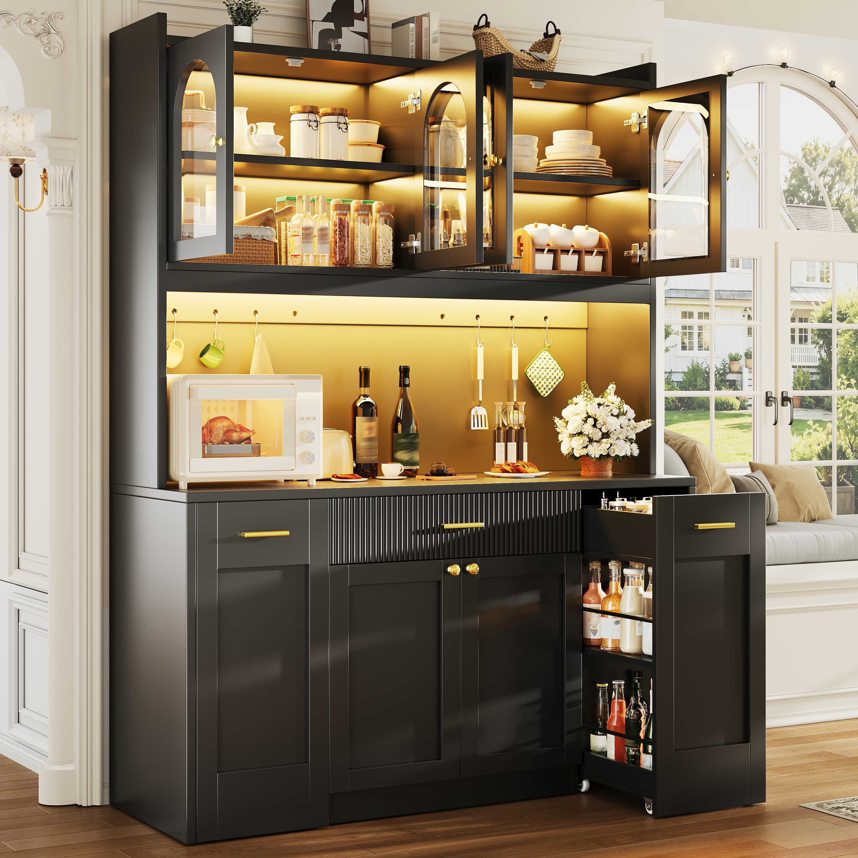 Tall Kitchen Cabinet 120cm With RGB LED, App Control, Glass Display Cases — image 5