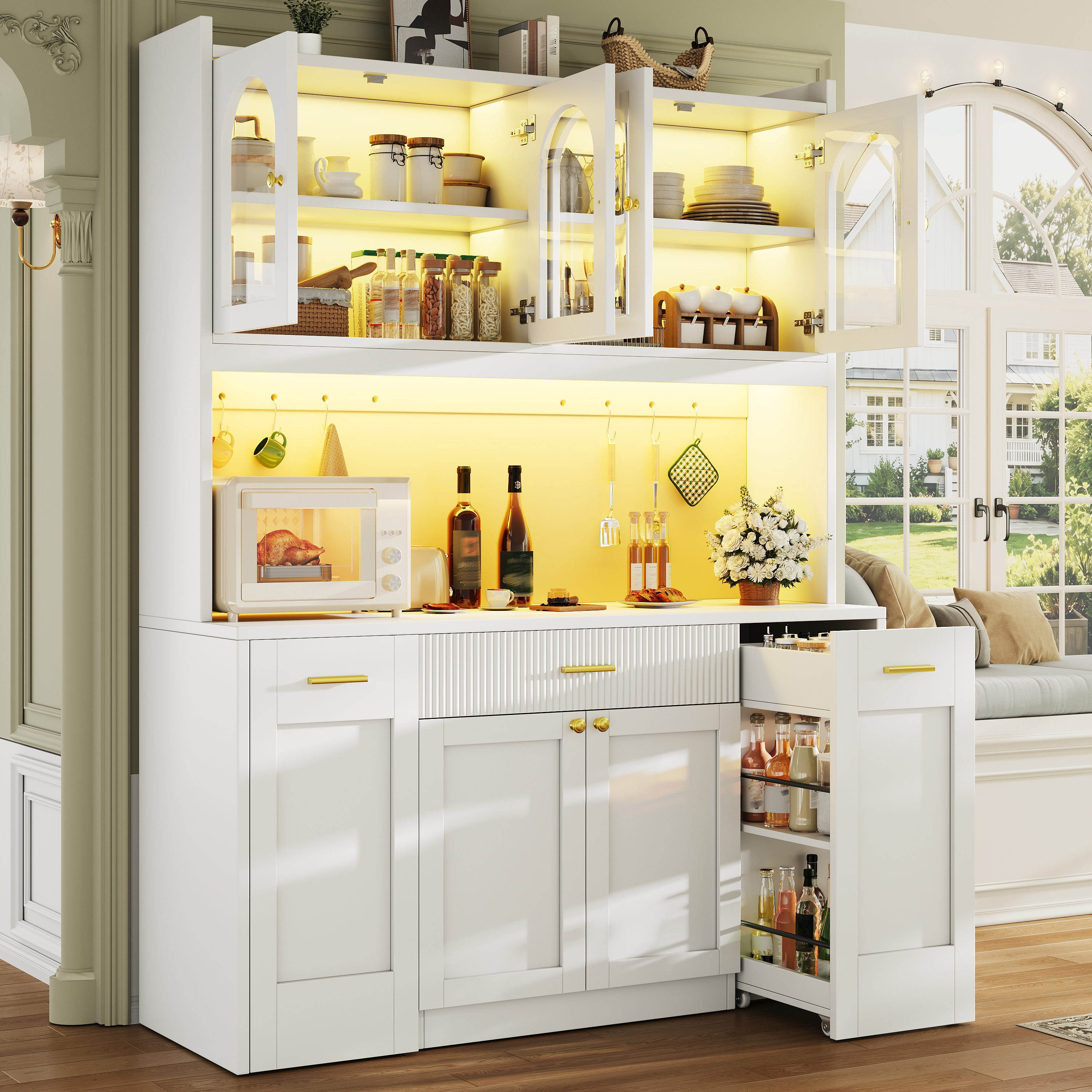 Tall Kitchen Cabinet 120cm With RGB LED, App Control, Glass Display Cases — image 4