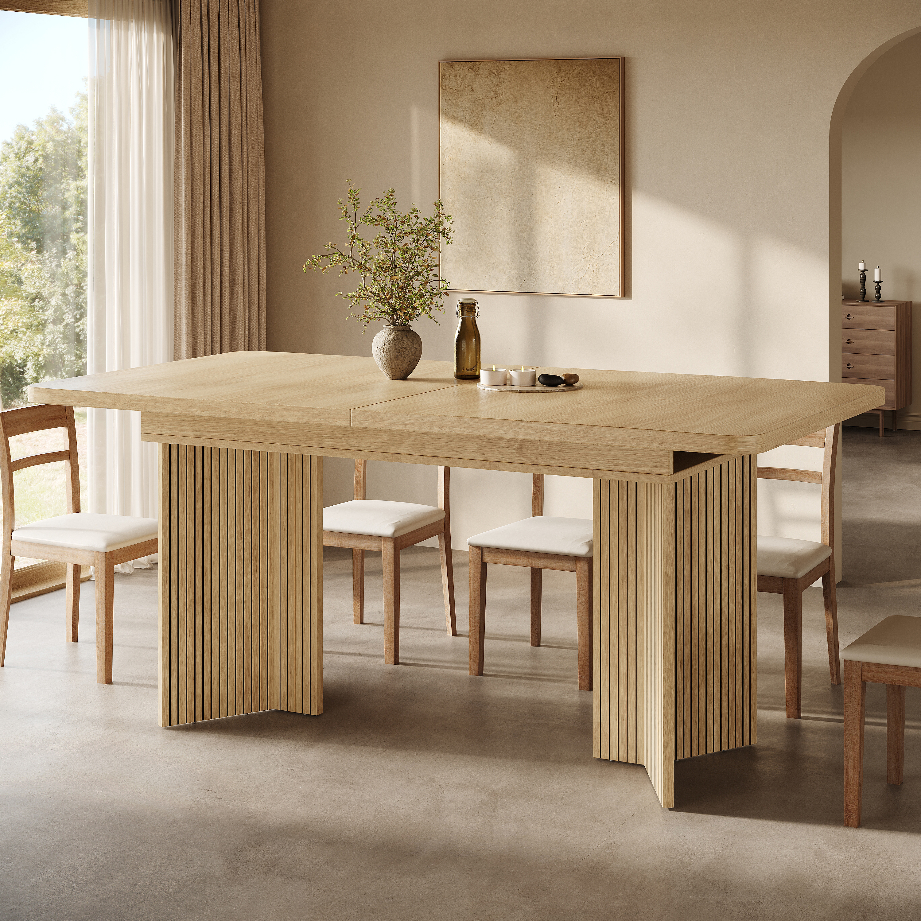 Extendable Dining Table 120-160 Cm With Vertical Grooved V-shaped Legs — image 3