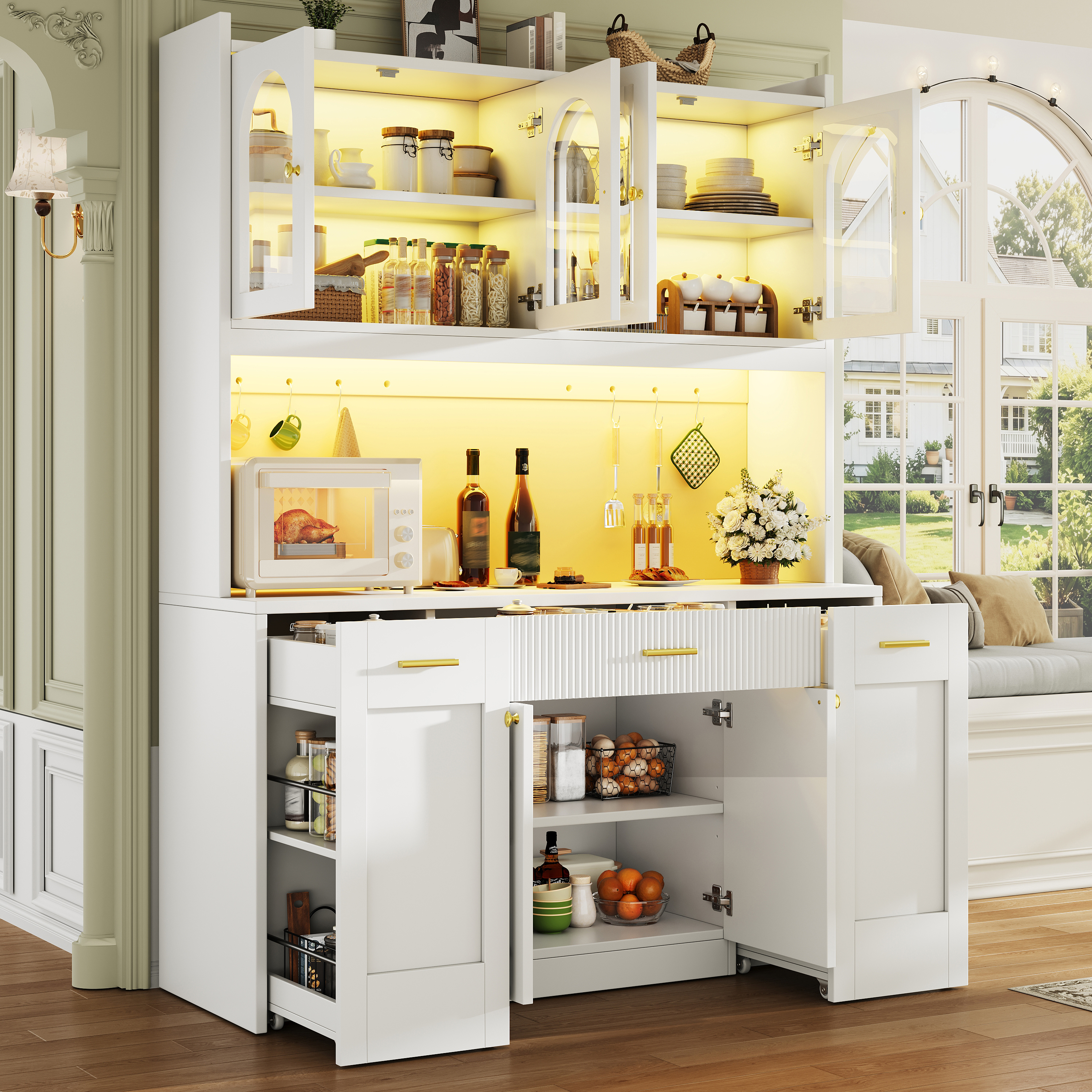 Tall Kitchen Cabinet 120cm With RGB LED, App Control, Glass Display Cases — image 5