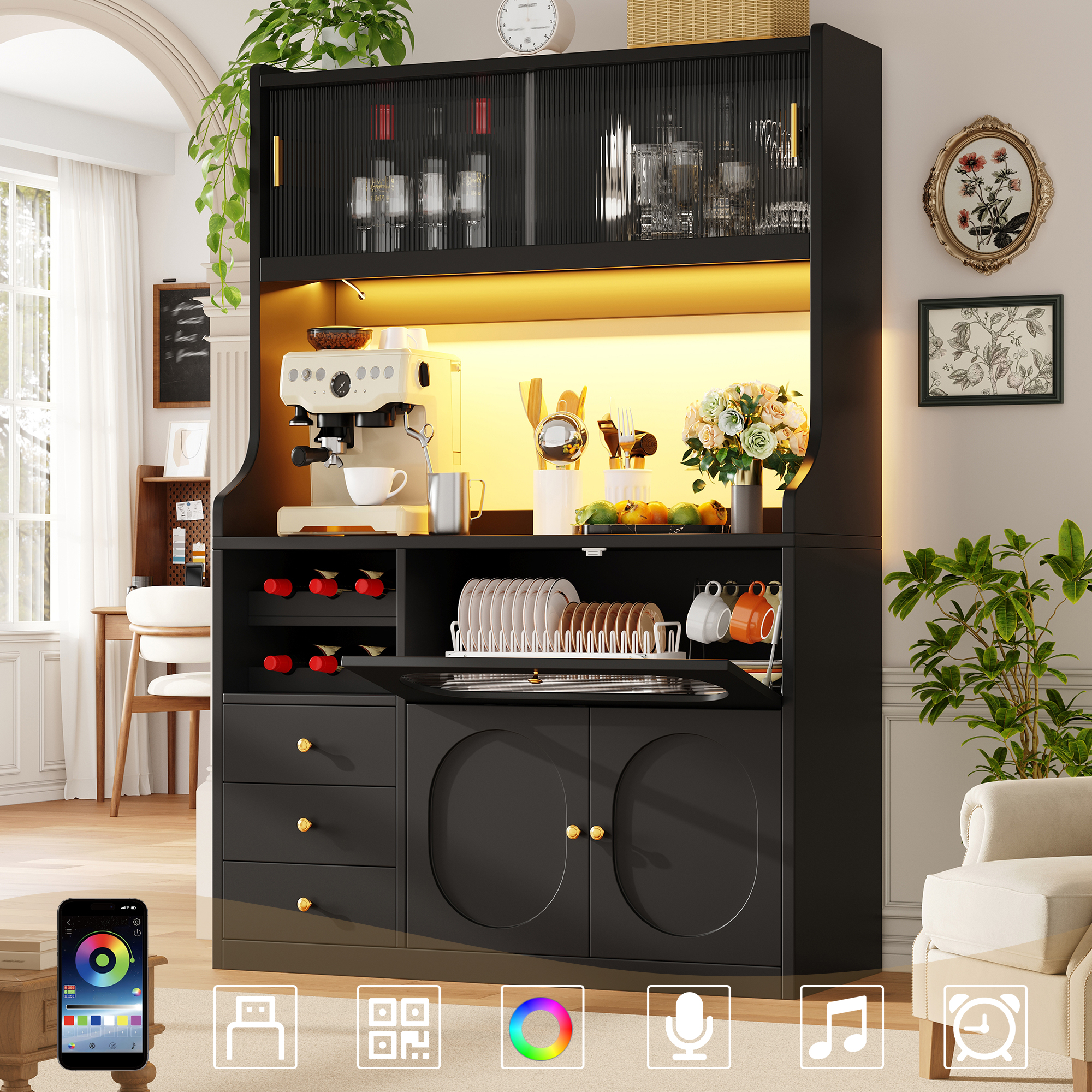 Tall Kitchen Cabinet 120cm With App-controlled RGB LED, Glass Sliding Doors