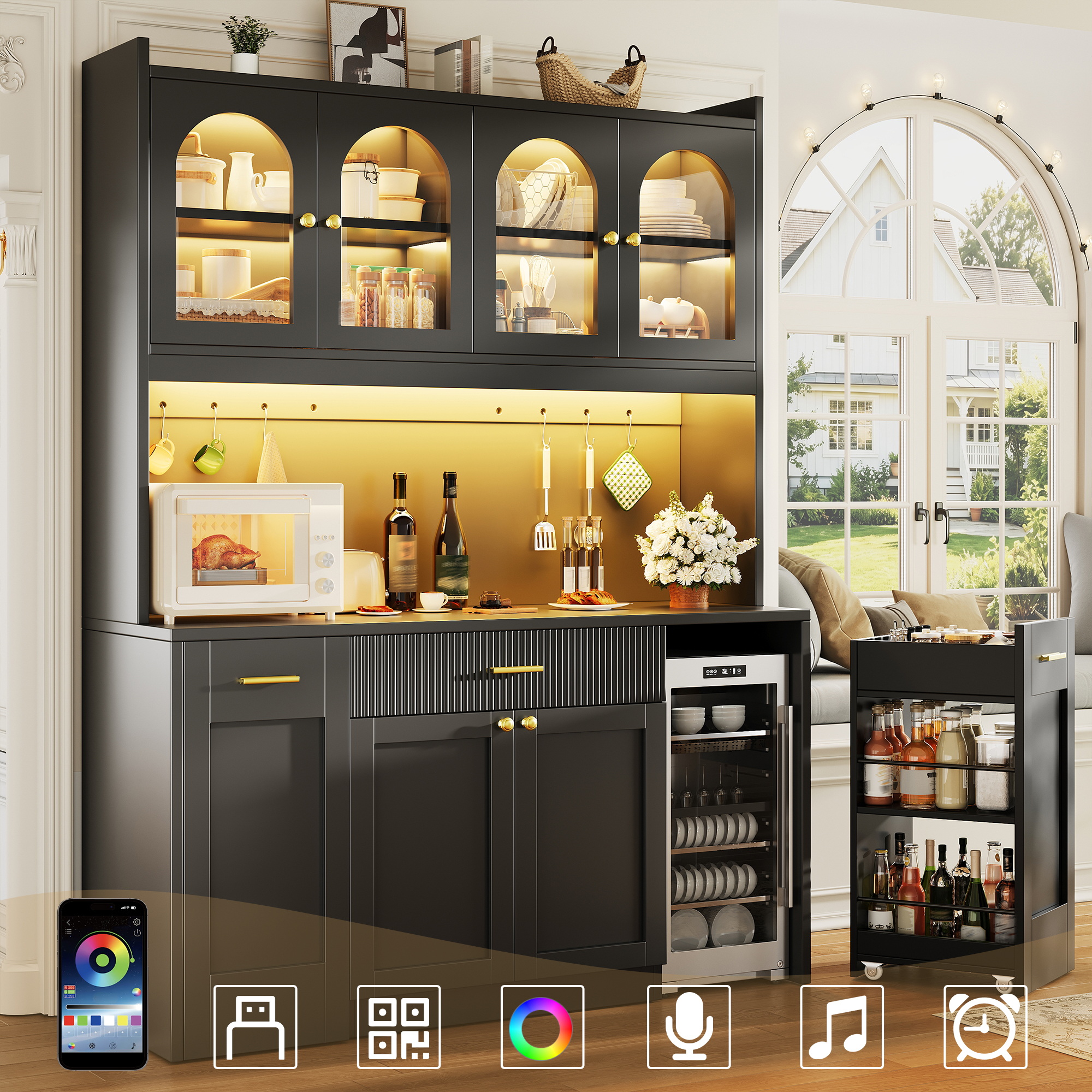 Tall Kitchen Cabinet 120cm With RGB LED, App Control, Glass Display Cases — image 4