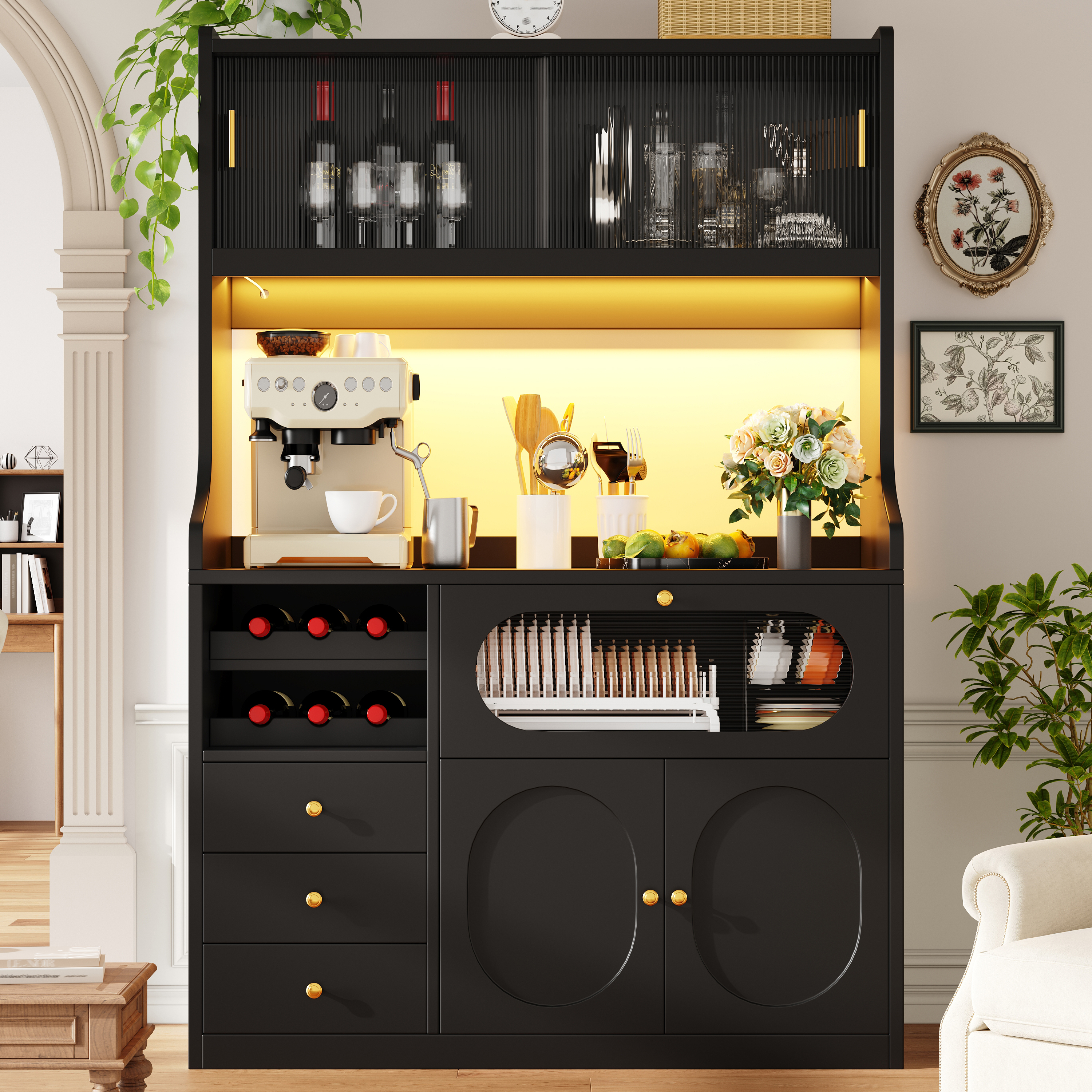 Tall Kitchen Cabinet 120cm With App-controlled RGB LED, Glass Sliding Doors — image 2