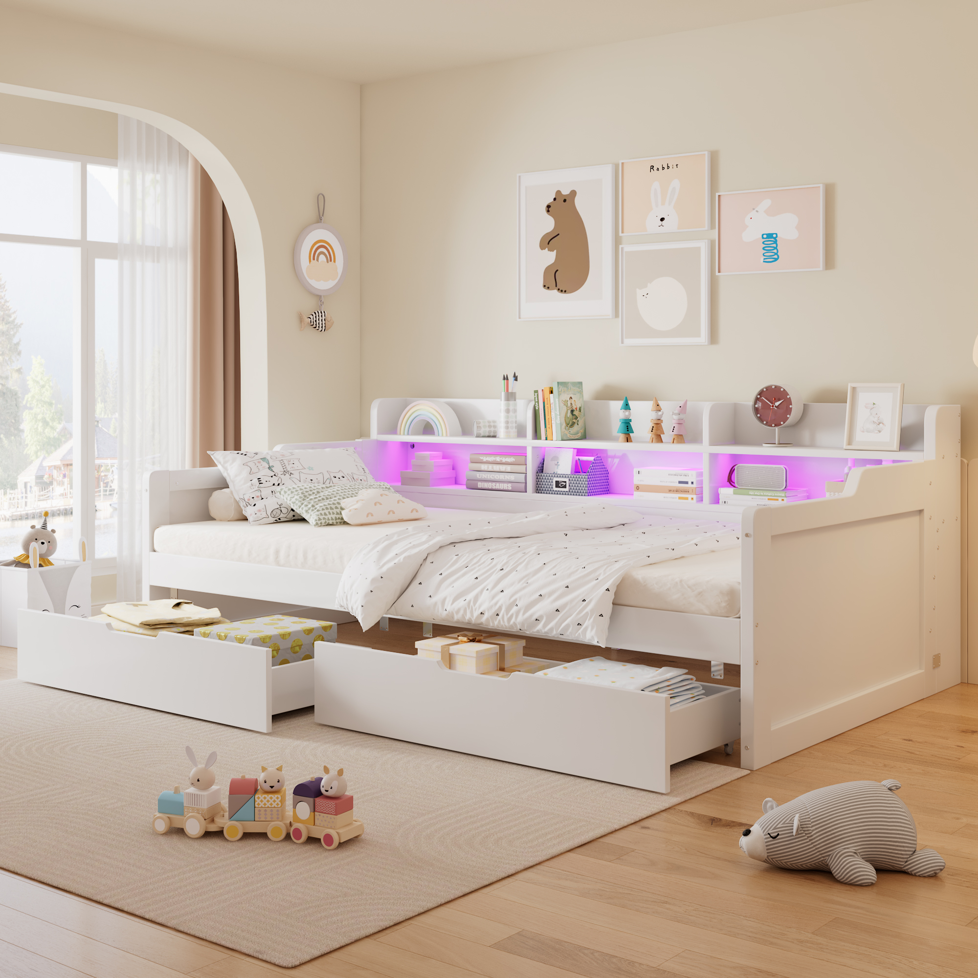 Wooden Bed, Daybed, Storage 3ft Single 90x190cm, With LED Strip Light, Sturdy