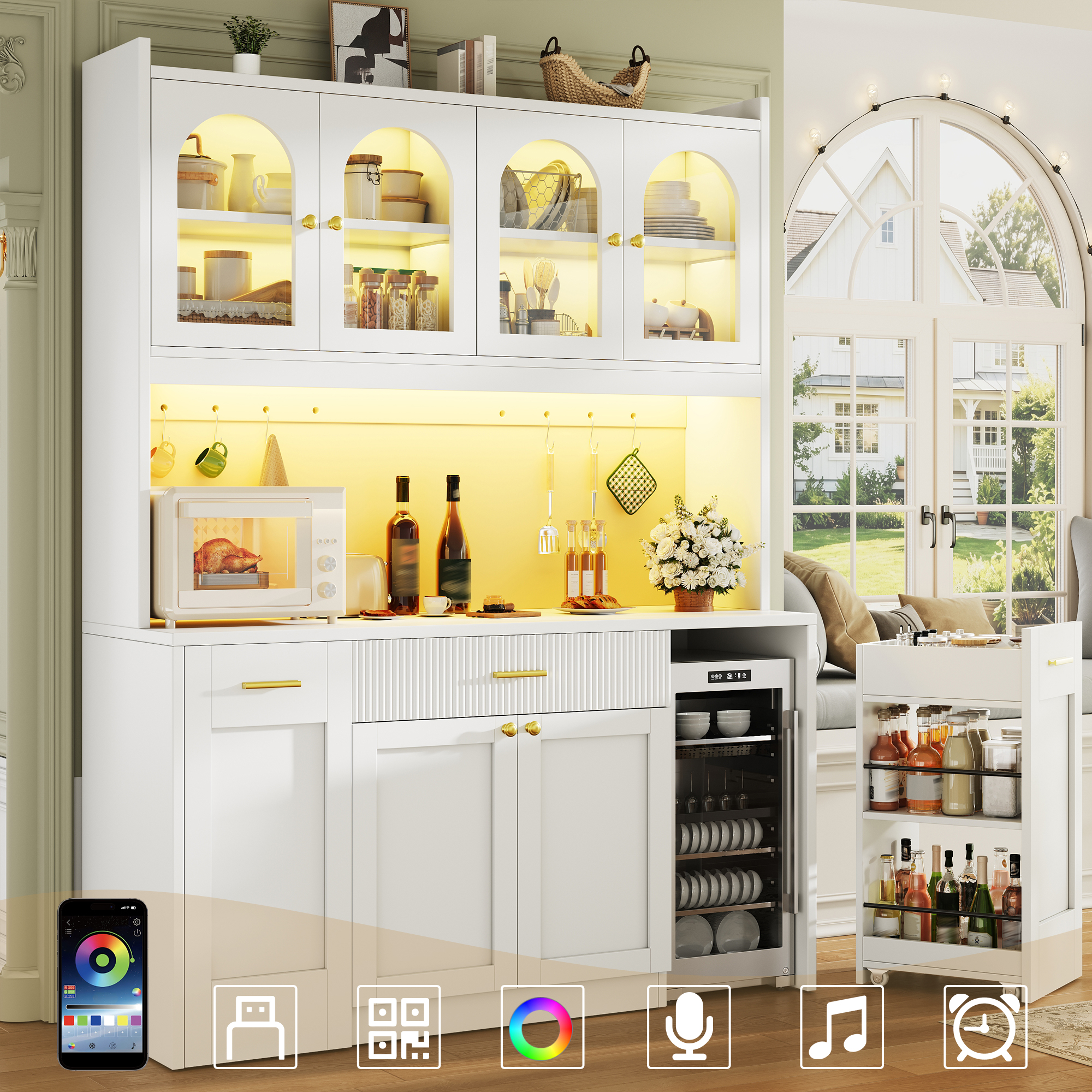 Tall Kitchen Cabinet 120cm With RGB LED, App Control, Glass Display Cases — image 2