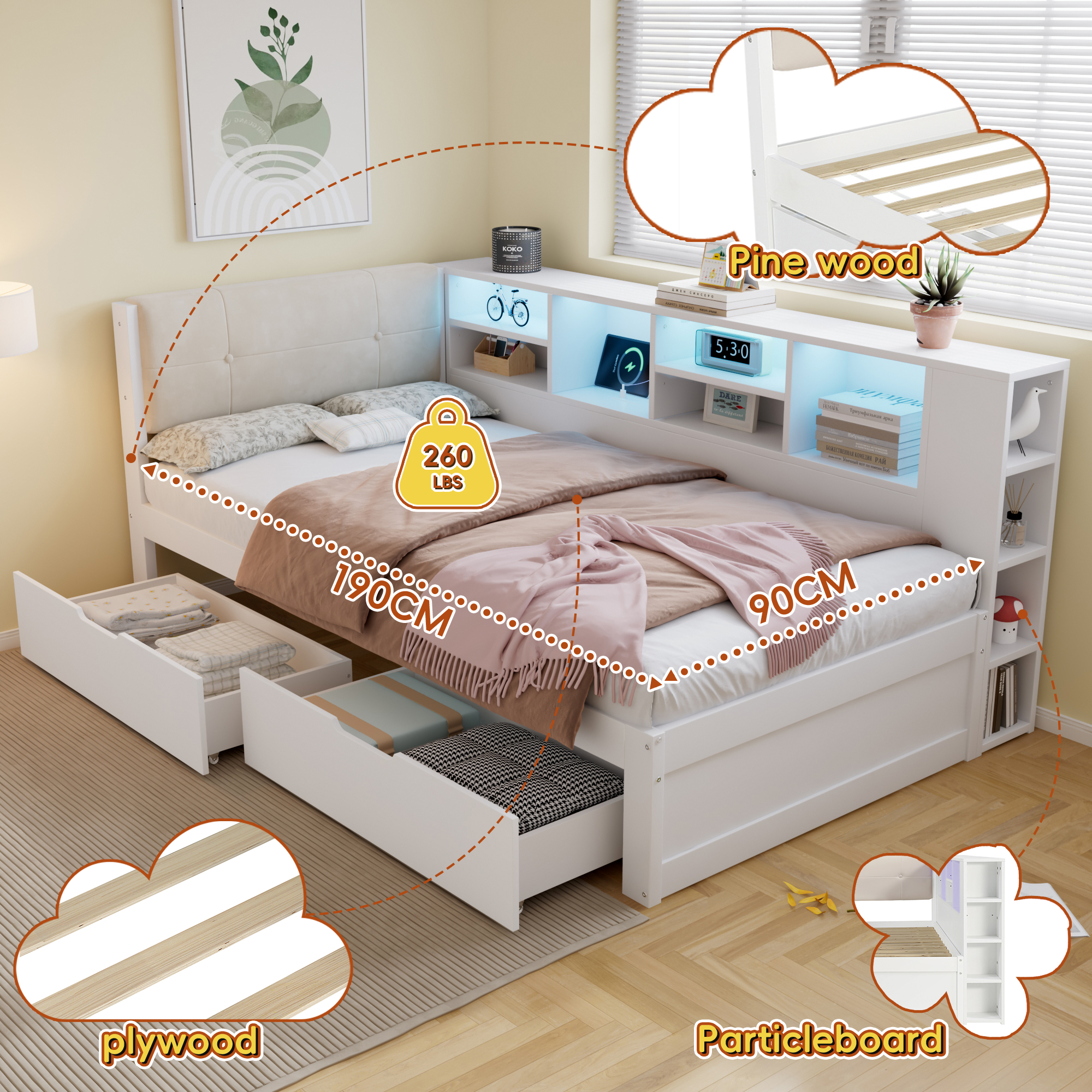 Wooden Bed, Storage With Charging Port And LED Strip Light, 3ft Single — image 2