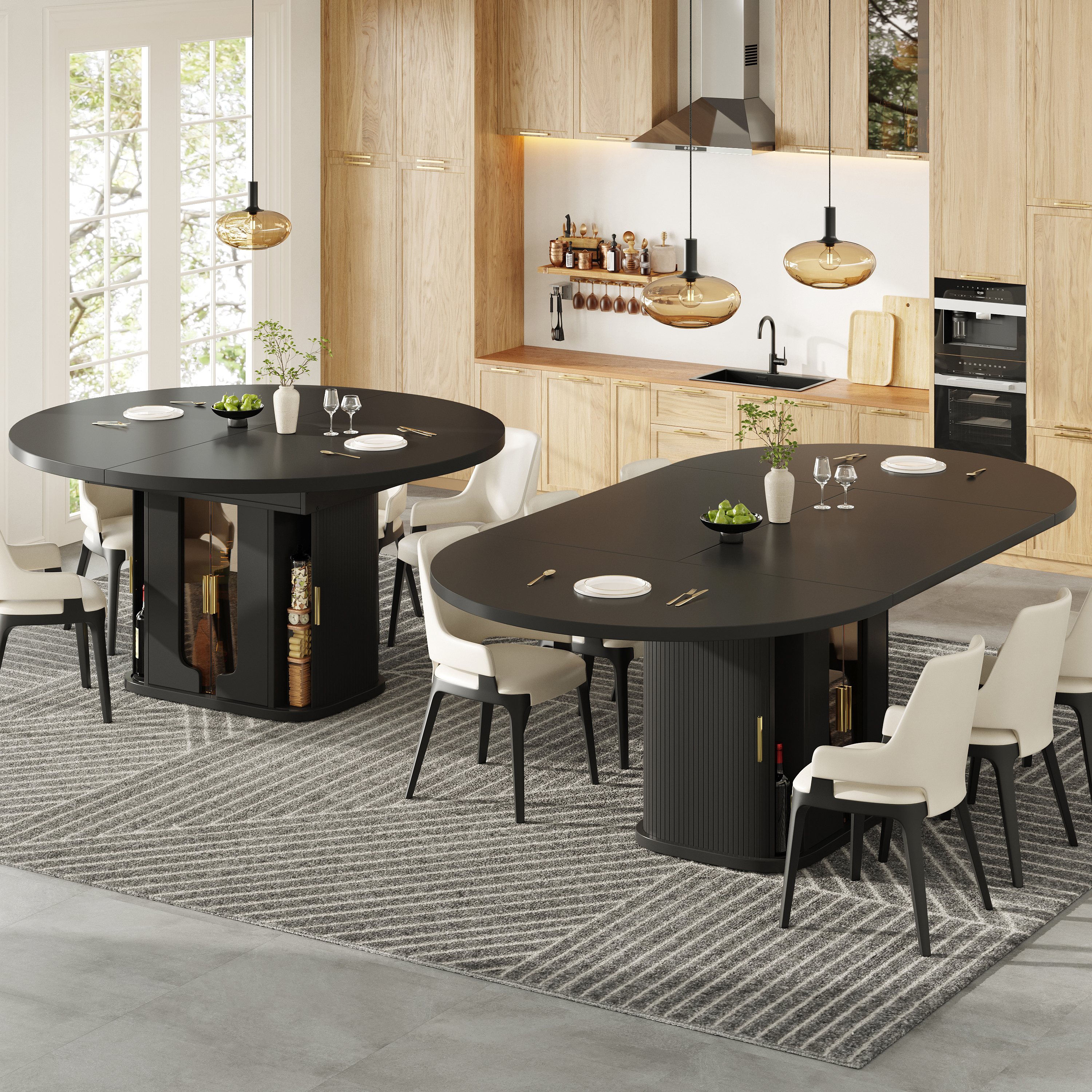 Extendable Dining Table, Room Kitchen Round Extends To Oval, 120-160 Cm, Seats