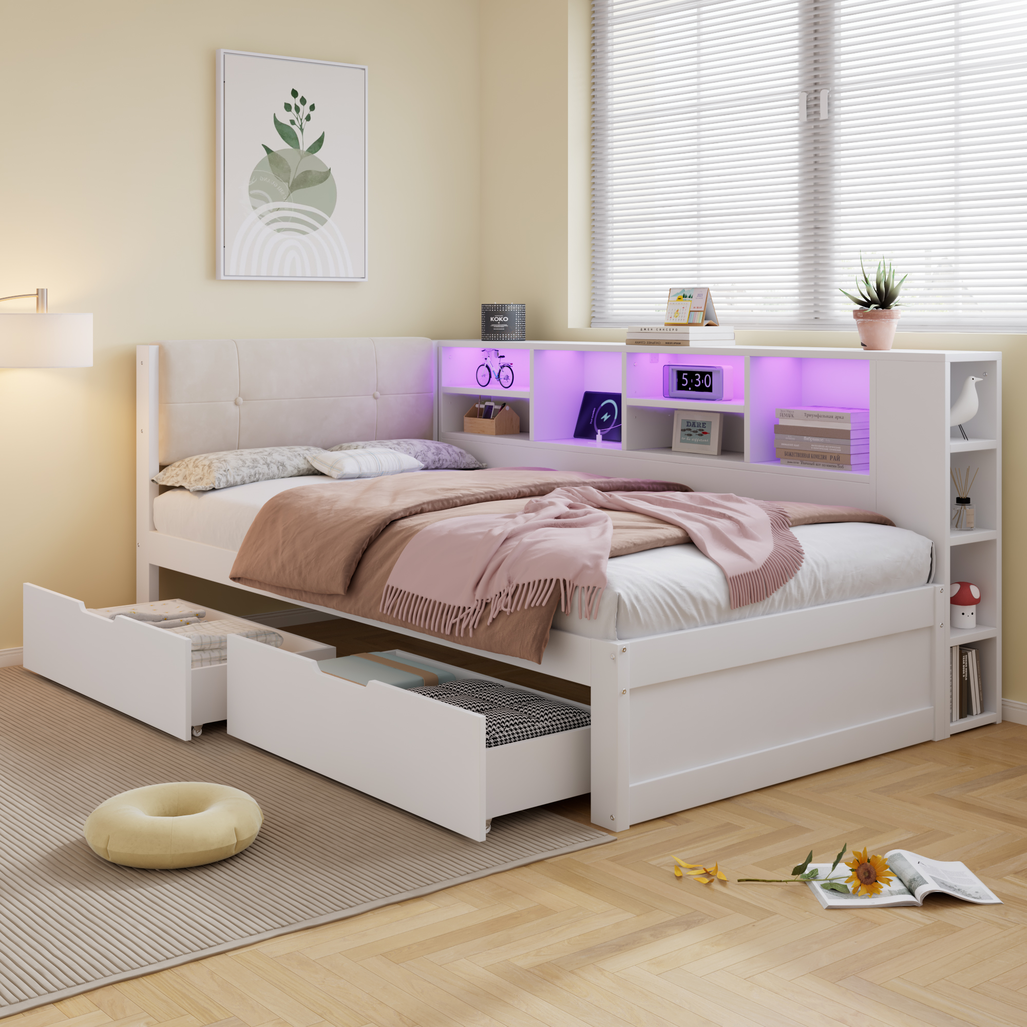 Wooden Bed, Storage With Charging Port And LED Strip Light, 3ft Single