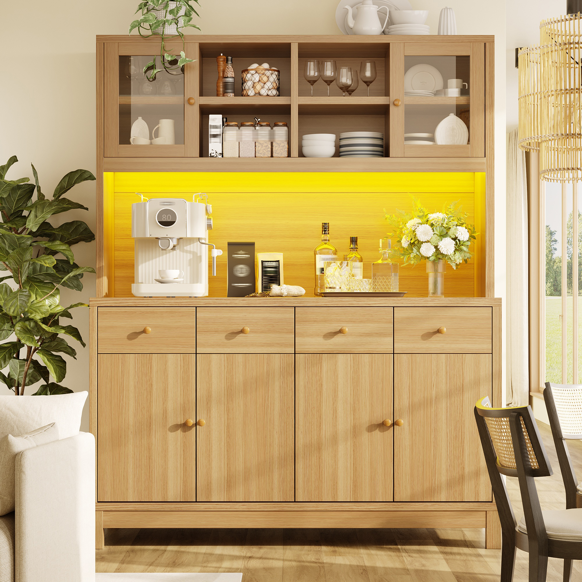 Tall Buffet Cabinet 140x40x180cm With App-controlled RGB LED, Glass Doors & 4 — image 3