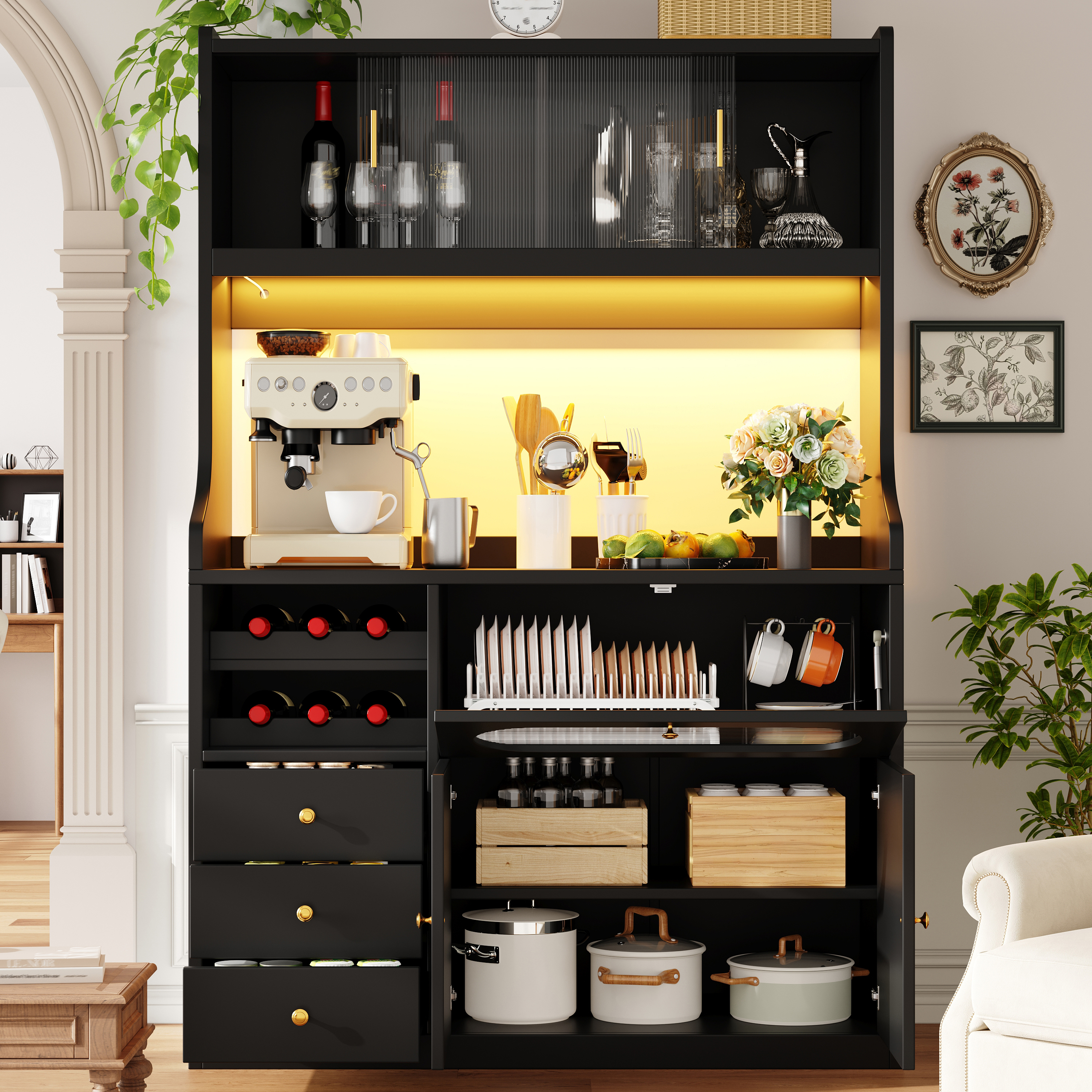 Tall Kitchen Cabinet 120cm With App-controlled RGB LED, Glass Sliding Doors — image 3