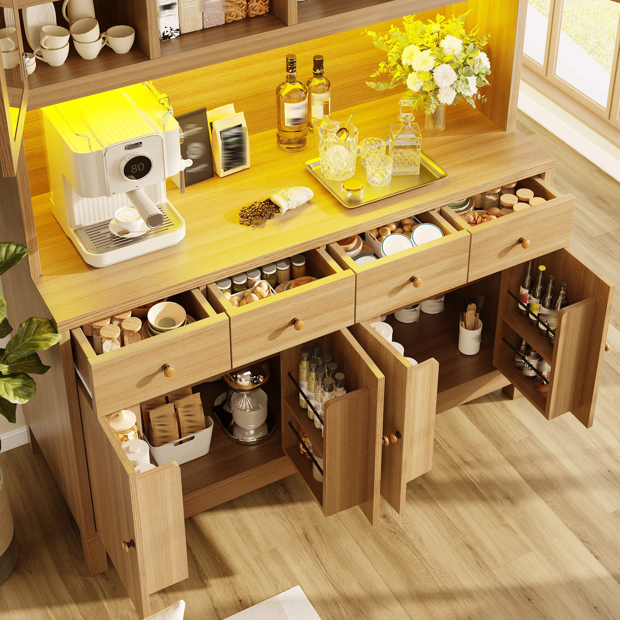 Tall Buffet Cabinet 140x40x180cm With App-controlled RGB LED, Glass Doors & 4 — image 5