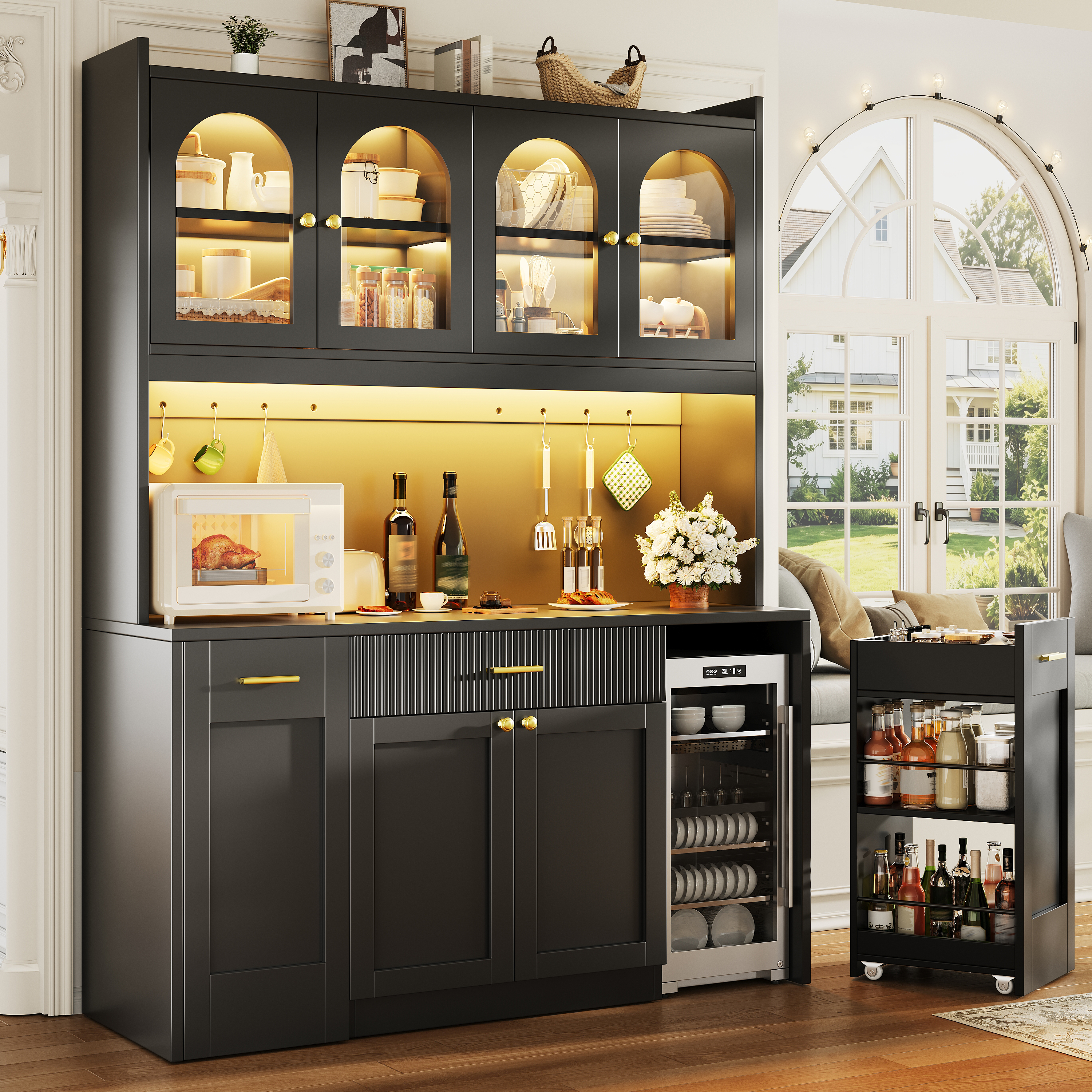 Tall Kitchen Cabinet 120cm With RGB LED, App Control, Glass Display Cases — image 3
