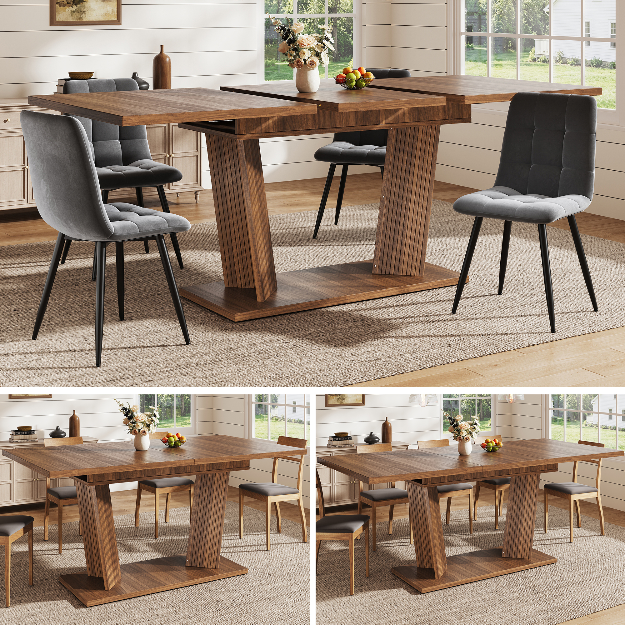 Extendable Dining Table, Modern, Solid Wood Look, Stable Base With Adjustable — image 3