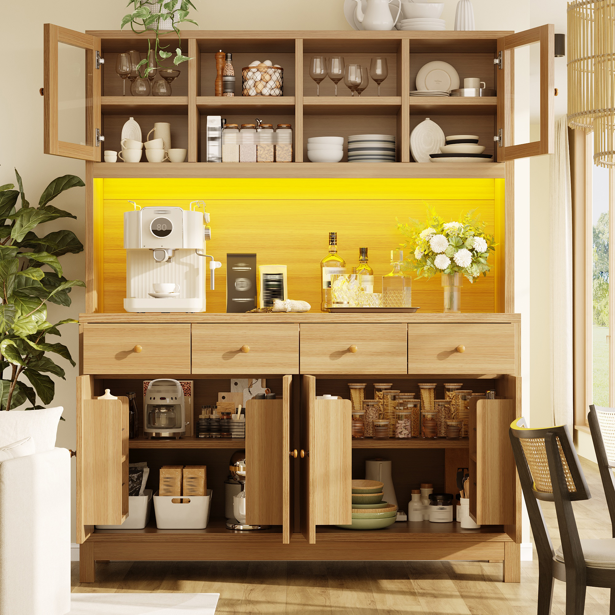 Tall Buffet Cabinet 140x40x180cm With App-controlled RGB LED, Glass Doors & 4