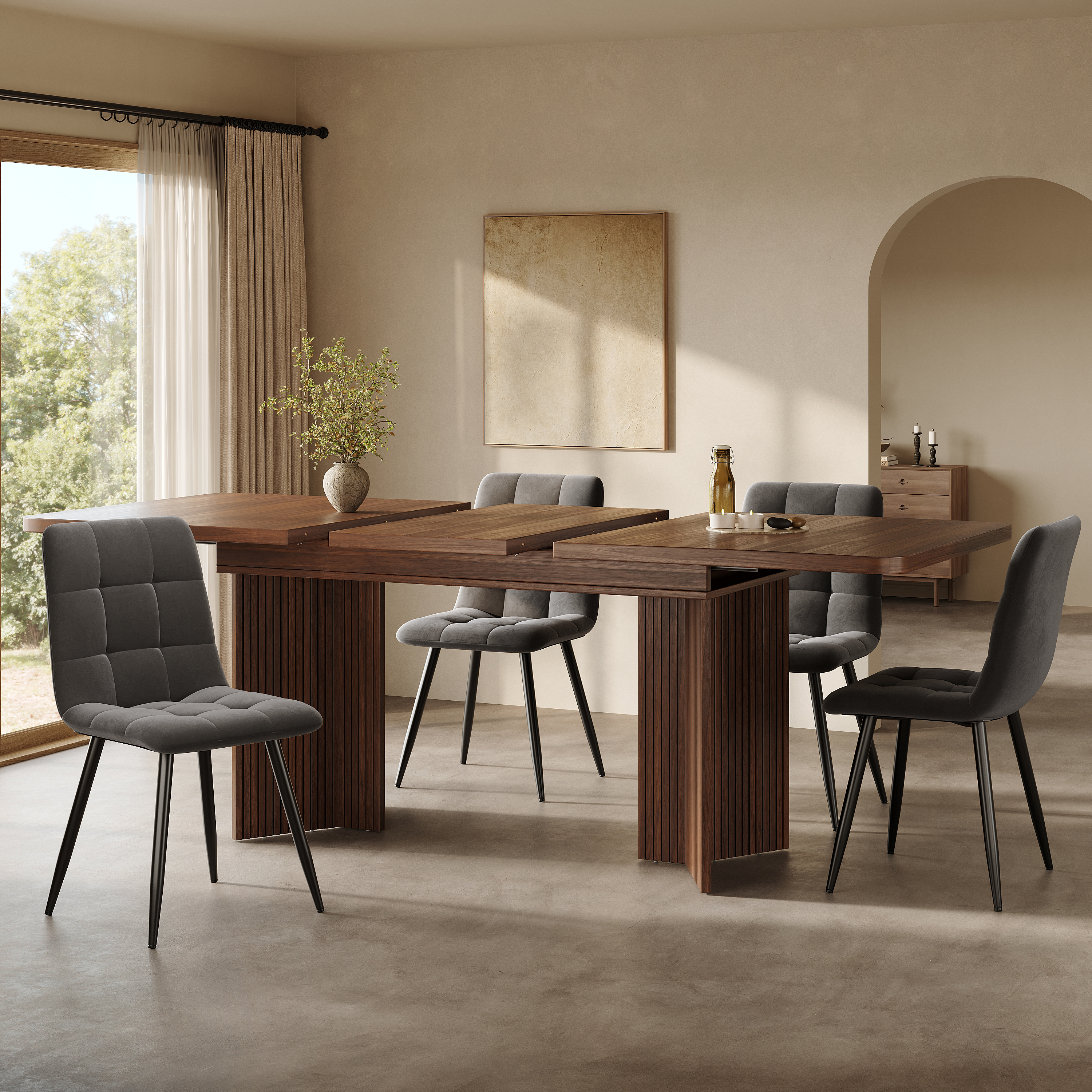 Extendable Dining Table 120-160 Cm With Vertical Grooved V-shaped Legs — image 3