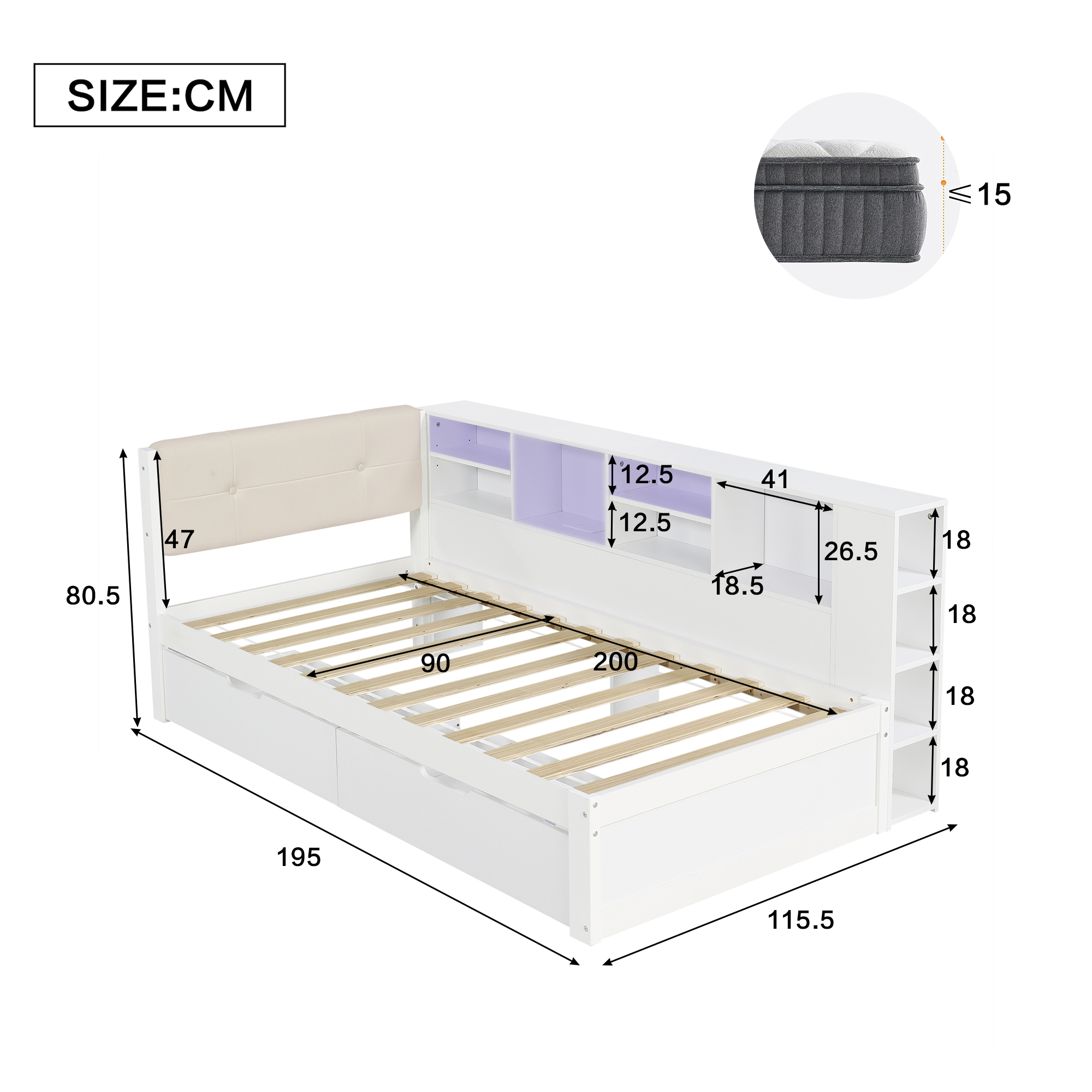 Wooden Bed, Storage With Charging Port And LED Strip Light, 3ft Single — image 5