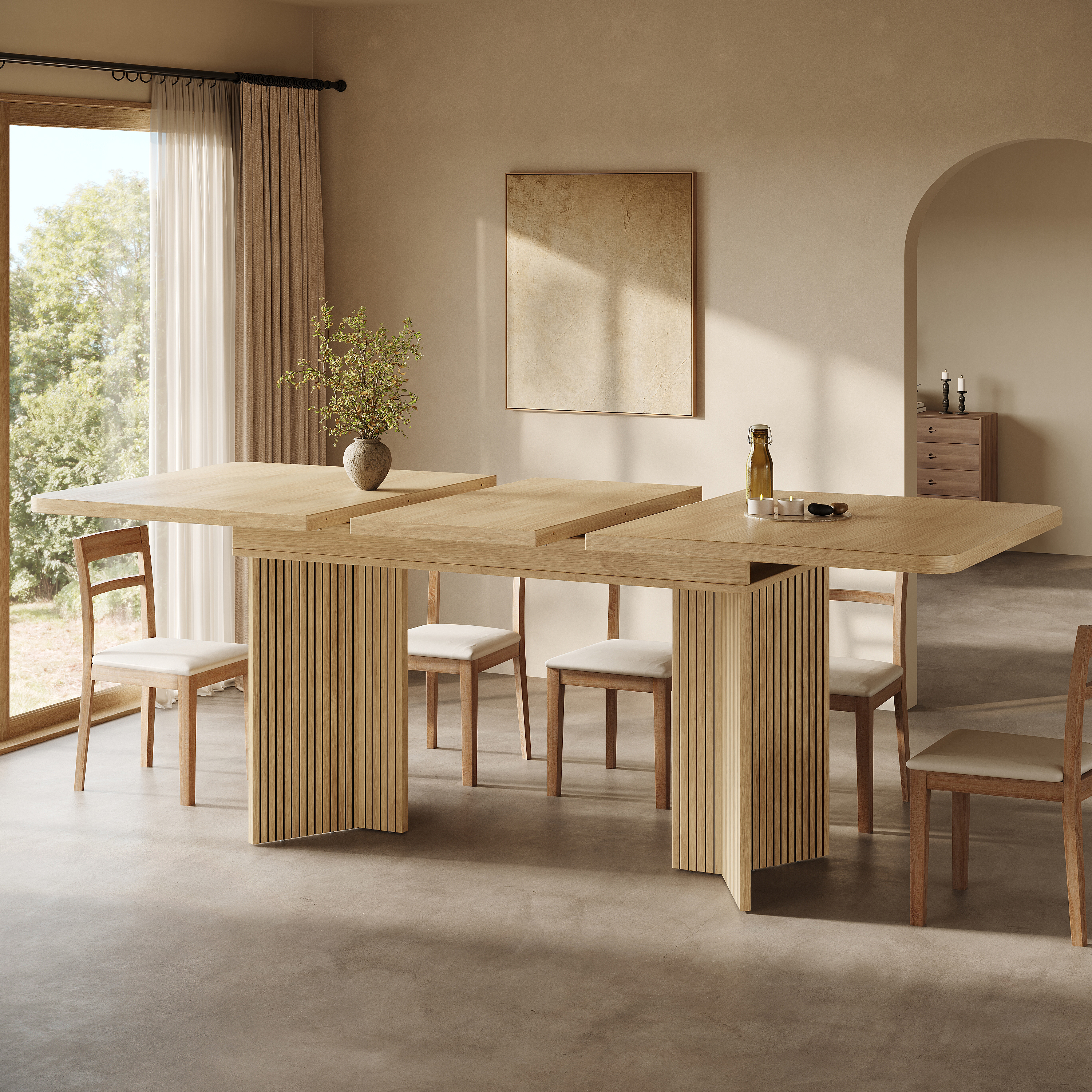 Extendable Dining Table 120-160 Cm With Vertical Grooved V-shaped Legs