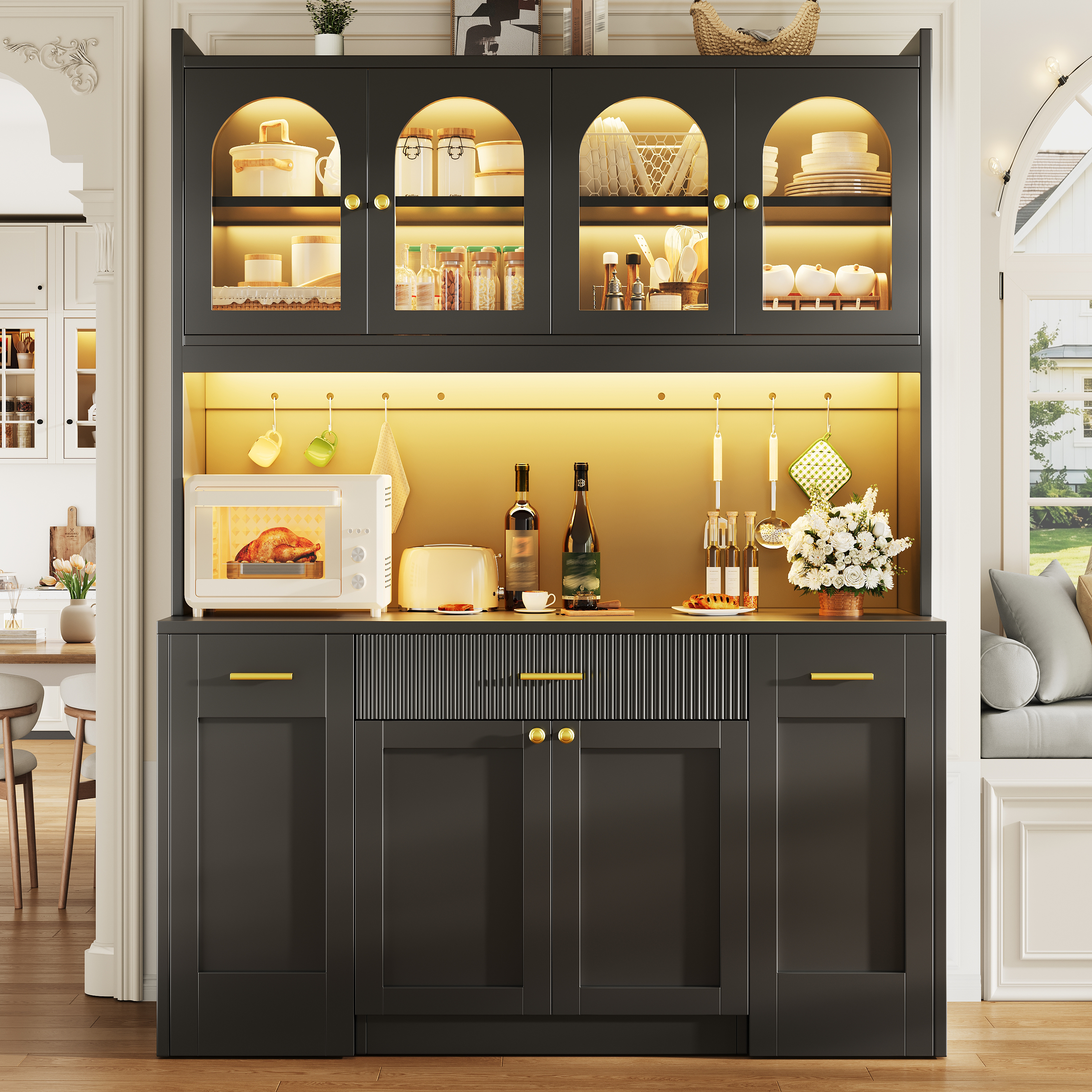 Tall Kitchen Cabinet 120cm With RGB LED, App Control, Glass Display Cases — image 2