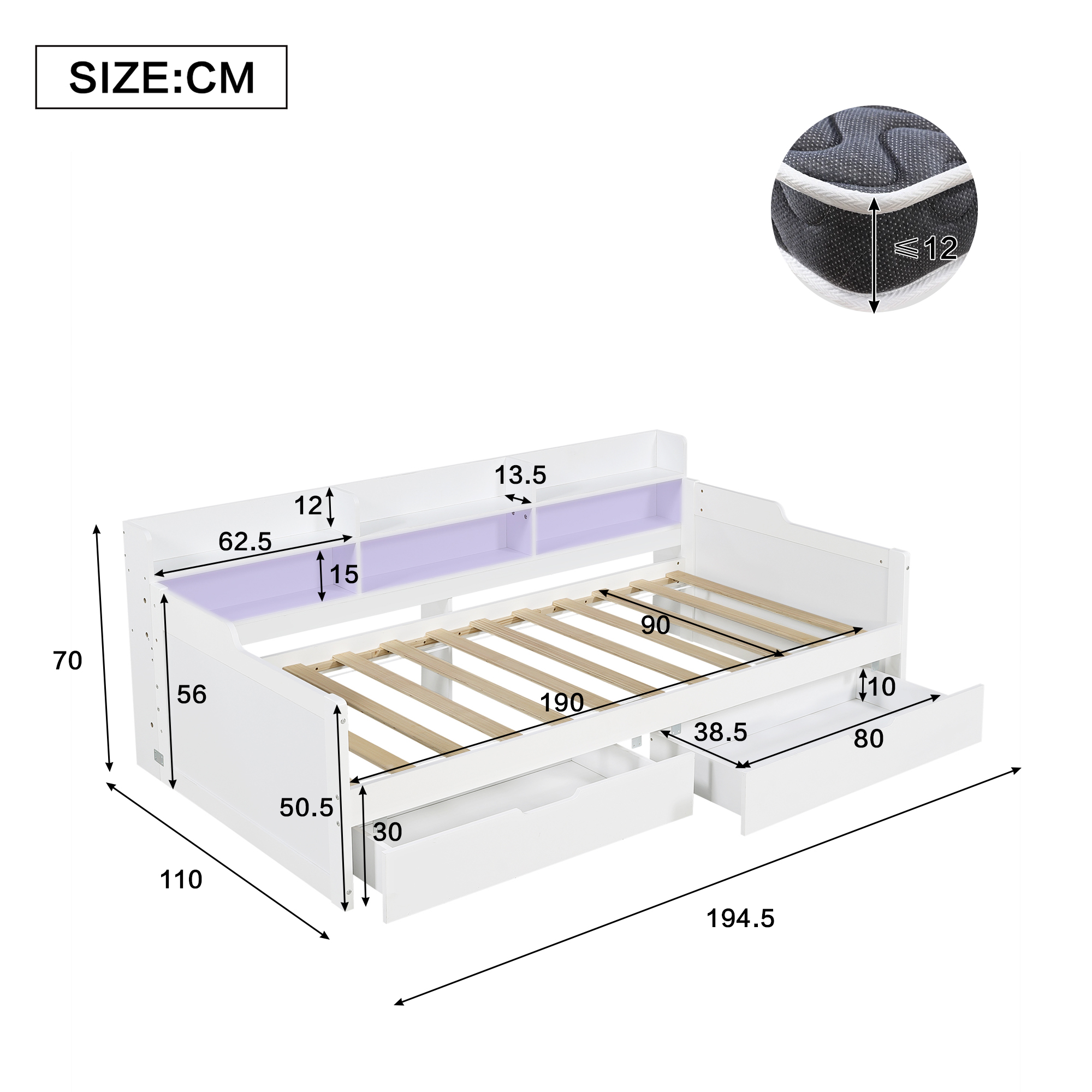 Wooden Bed, Daybed, Storage 3ft Single 90x190cm, With LED Strip Light, Sturdy — image 3