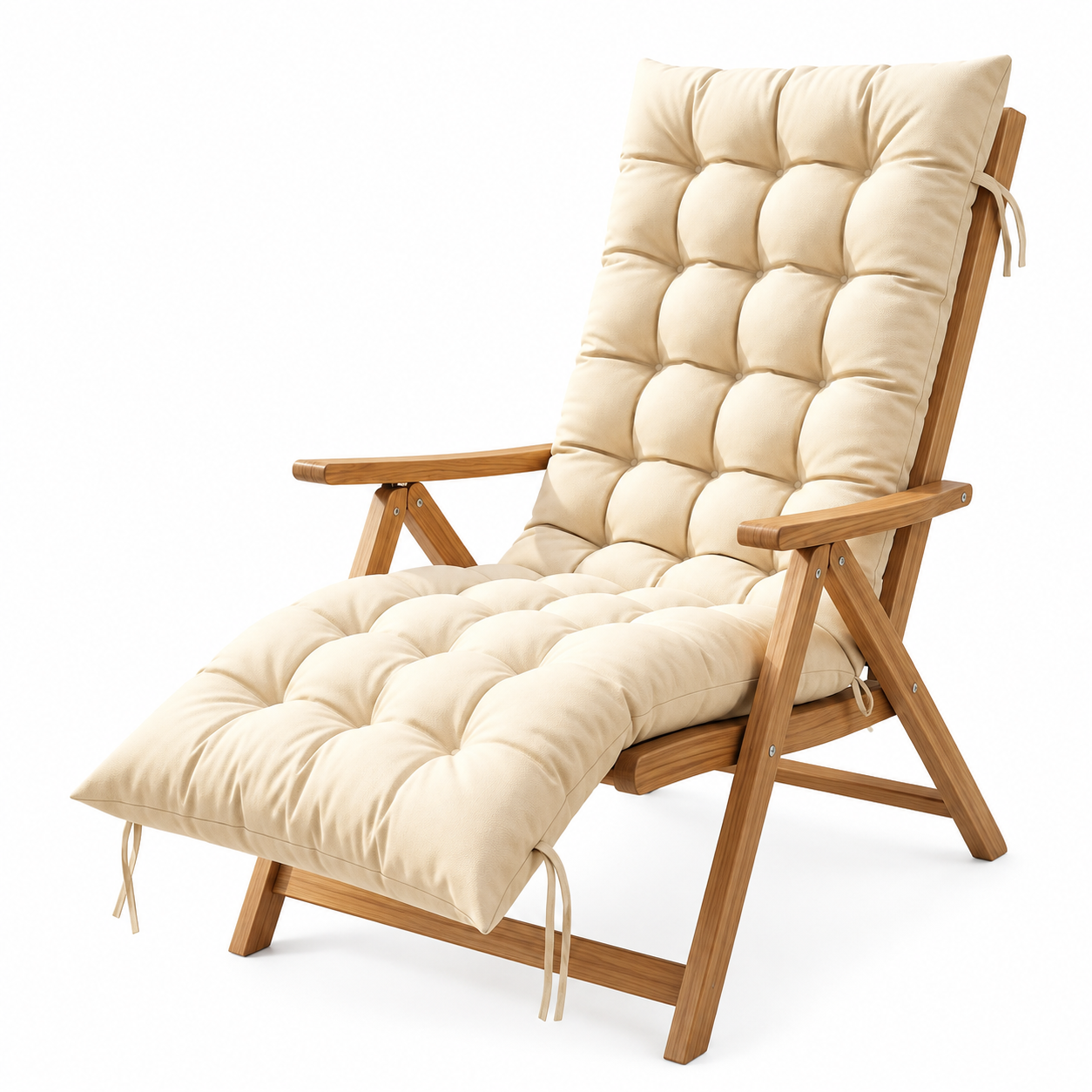 Beige Recliner Chair Cushion With Tie Straps - Soft Padded Full Length Fabric Seat Pad For Garden, Patio & Lounge Chairs