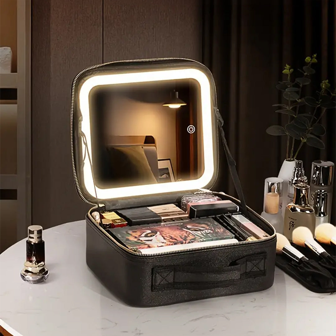 LED Makeup Organizer Case With Lighted Mirror And Adjustable Compartments — image 5