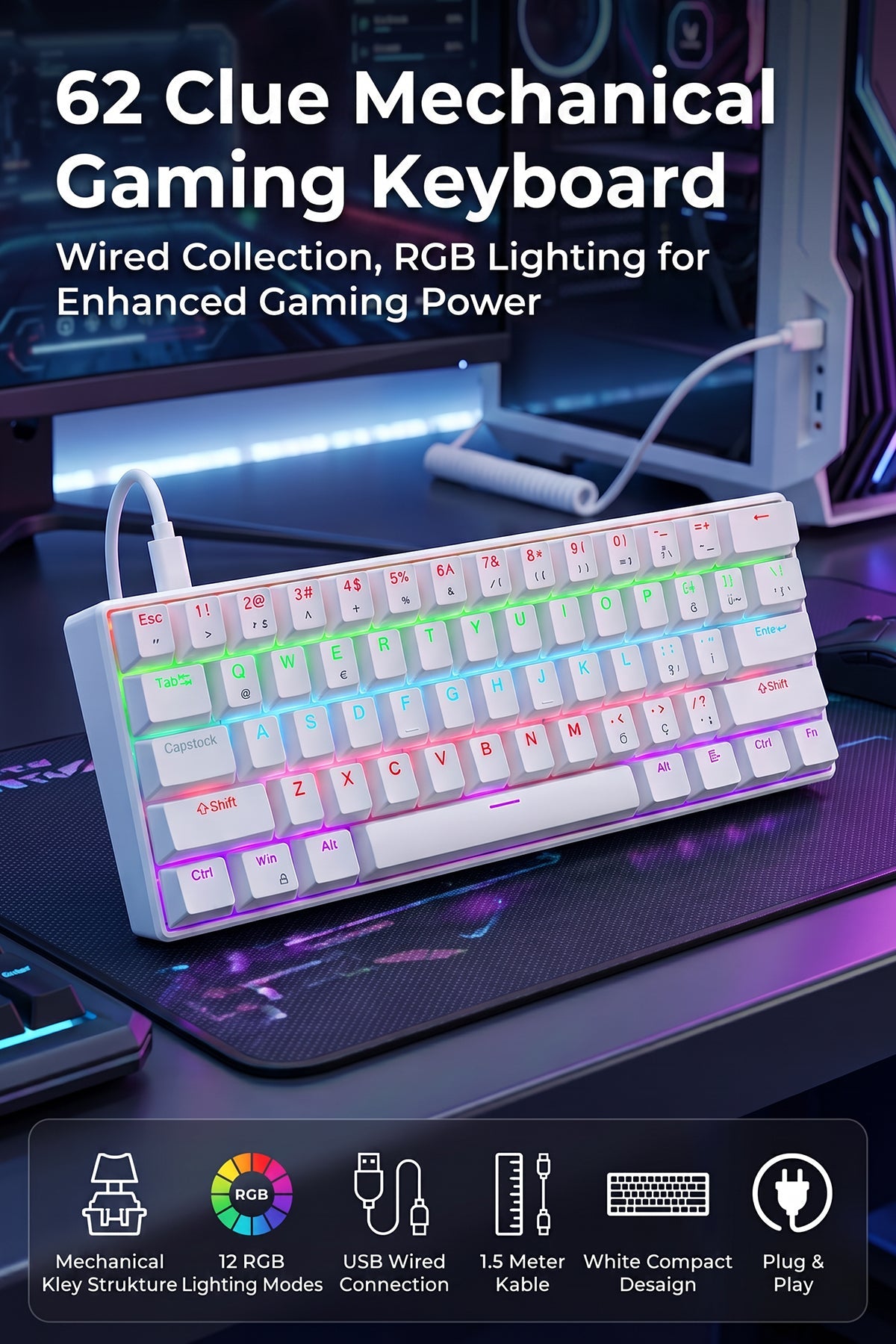 62-Key Mechanical Gaming Keyboard With 12 RGB Modes, Wired USB Compact Keyboard For PC And Laptop