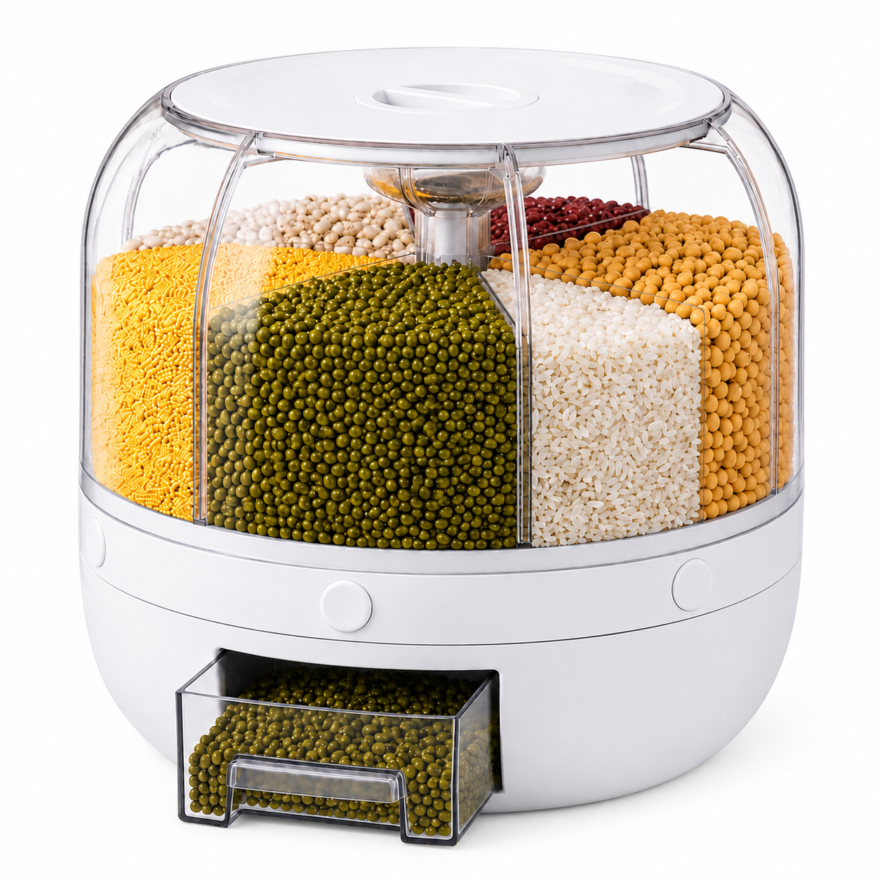6 Compartment Rotating Dry Food Dispenser With Pull-Out Drawer - Rice, Cereal, Grain & Bean Storage Container