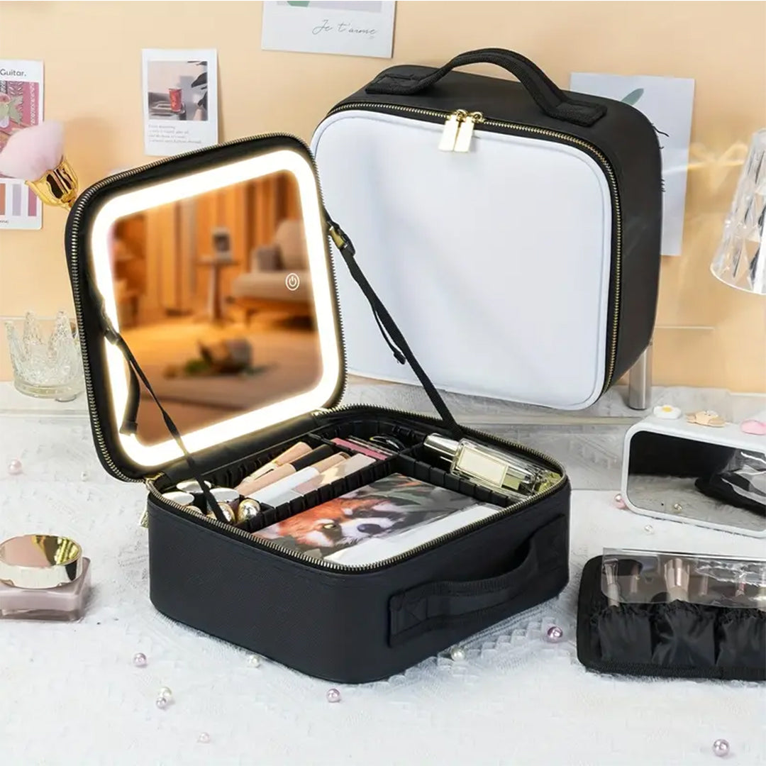 LED Makeup Organizer Case With Lighted Mirror And Adjustable Compartments — image 3