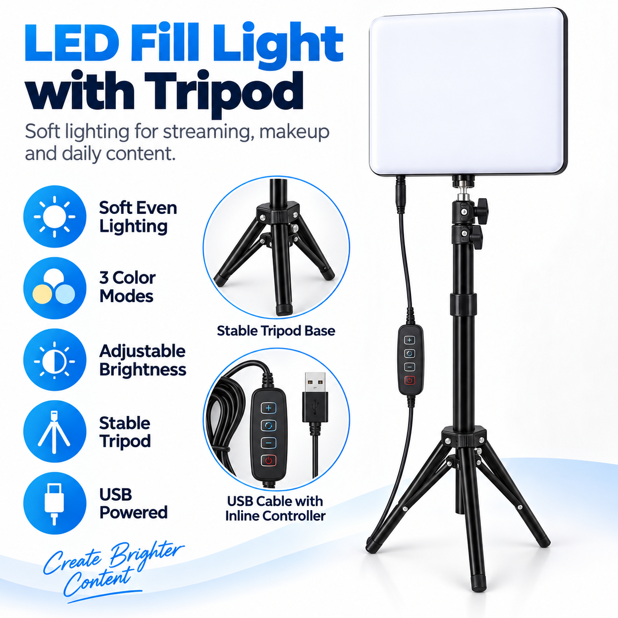 LED Fill Light With Adjustable Tripod Stand, USB Powered Dimmable Panel 3 — image 4
