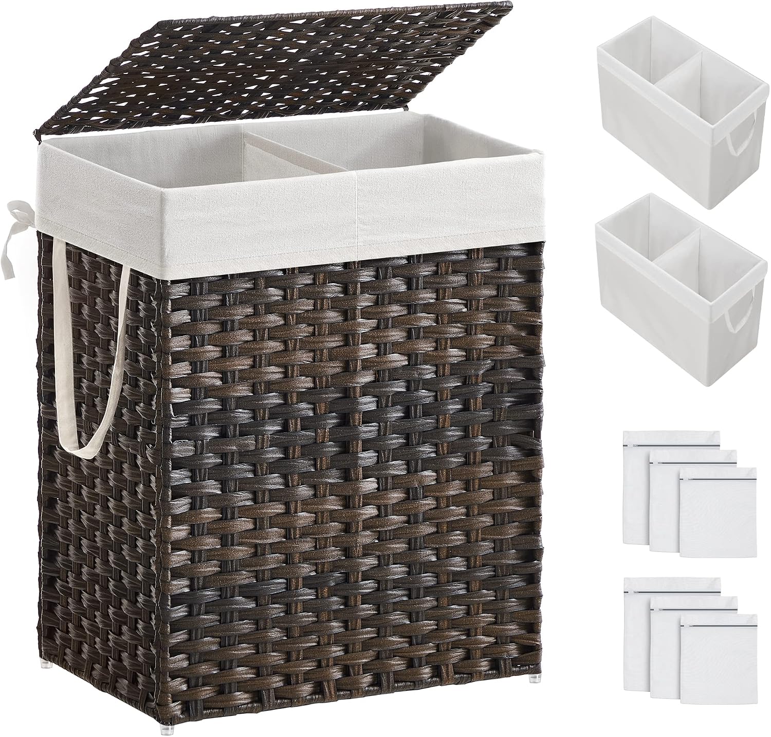 SONGMICS Laundry Hamper With Lid, 90L Double Wicker Basket, 6 Mesh Bags
