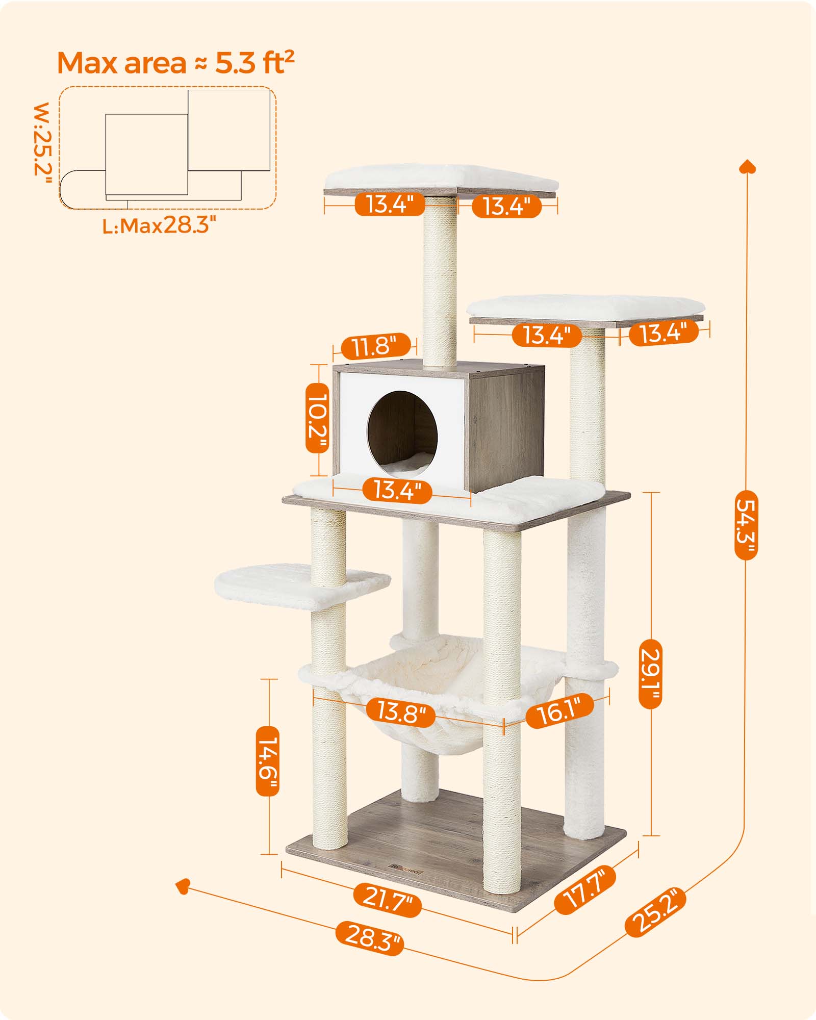 Feandrea Cat Tree, 56.3-Inch Contemporary Cat Tower, Multi-Level Condo