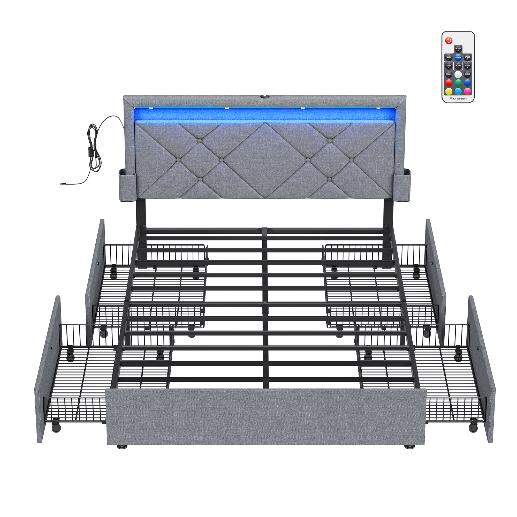 VASAGLE Full Bed Frame, 4 Storage Drawers On Wheels, Charging Station