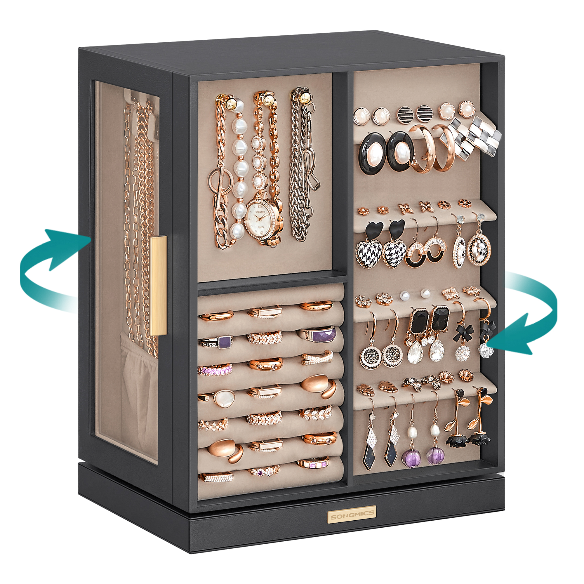 SONGMICS Jewelry Box Organizer, 360° Rotating, 5 Drawers, Gray And Beige
