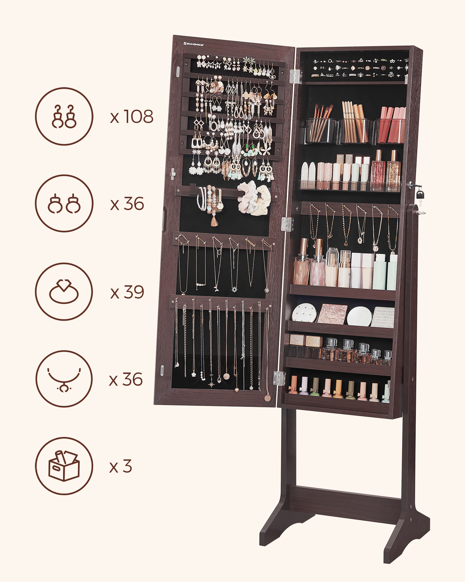 Lockable Jewelry Armoire with Mirror, picture 3 of 4