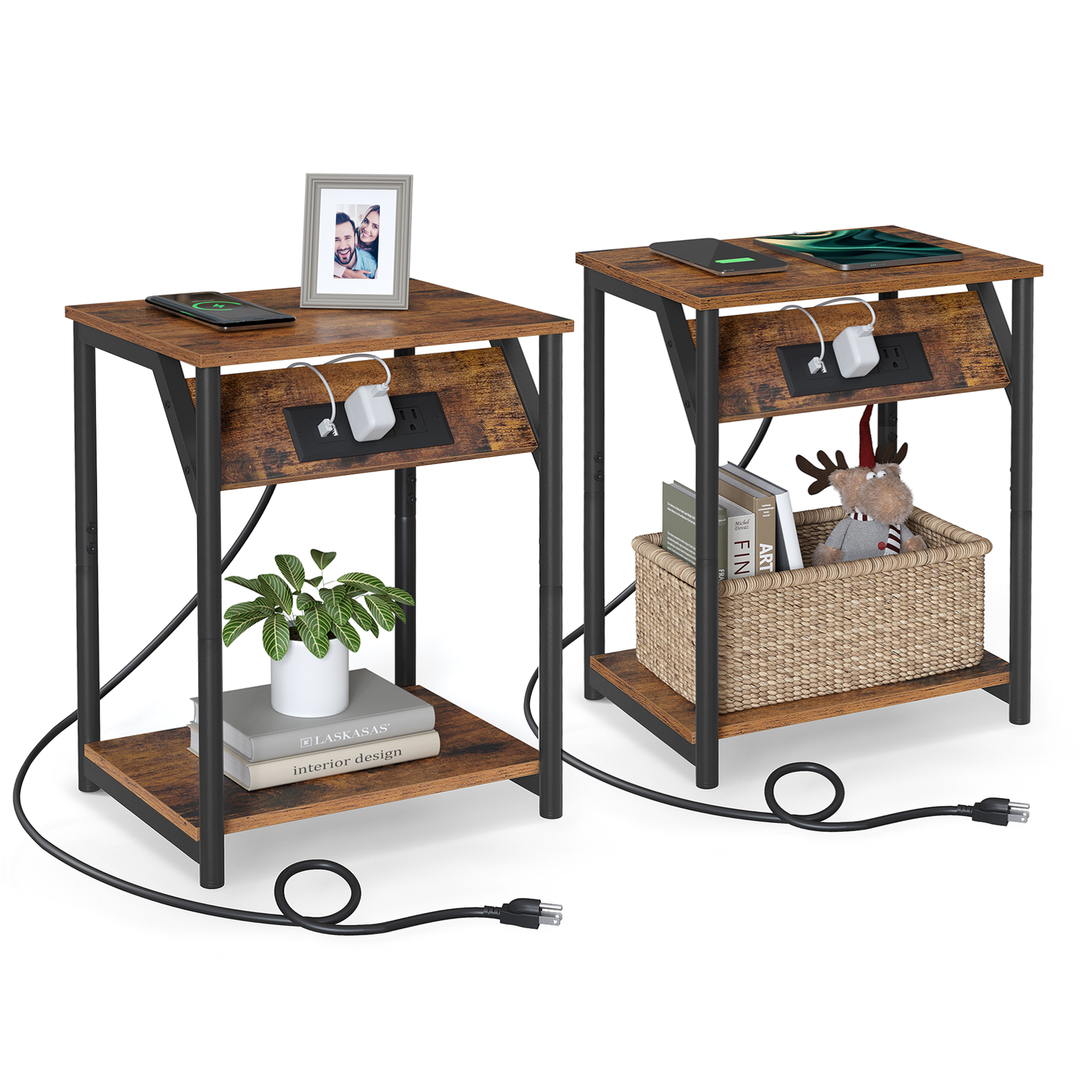 VASAGLE End Table With Charging Station, Set Of 2, Small Side Tables