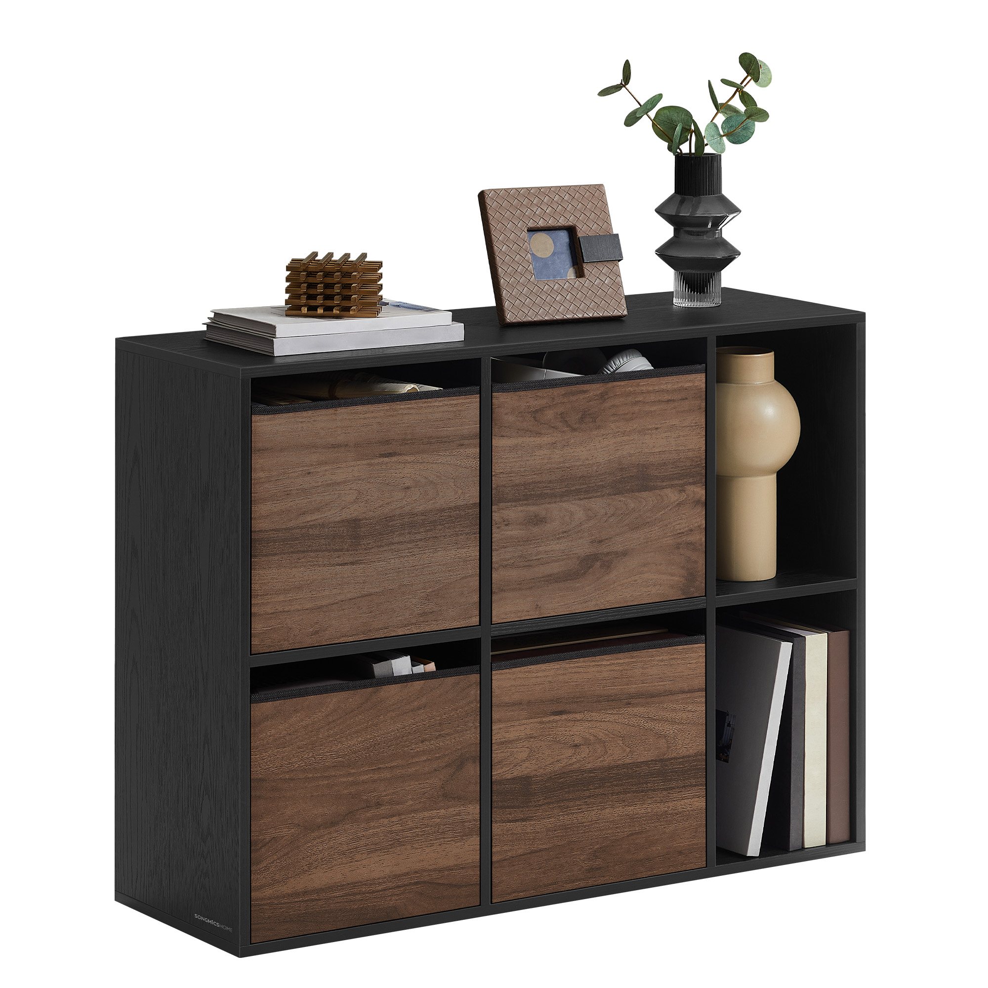 SONGMICS HOME Snapsemble Bookshelf, 6 Compartments, 4 Fabric Drawers