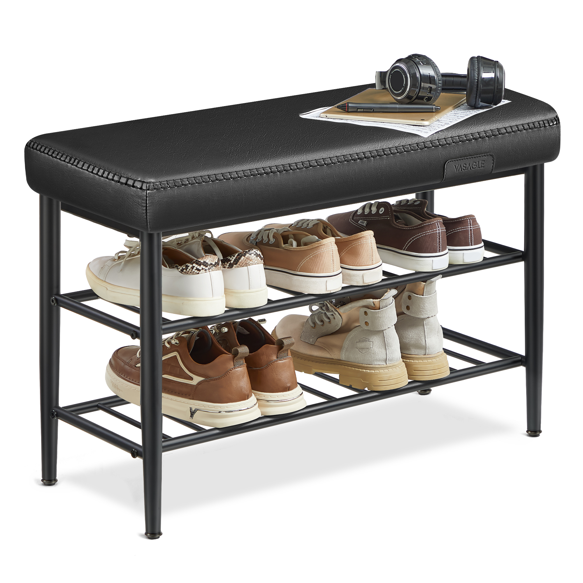 VASAGLE Shoe Bench, Synthetic Leather With Stitching, Loads 300 Lb
