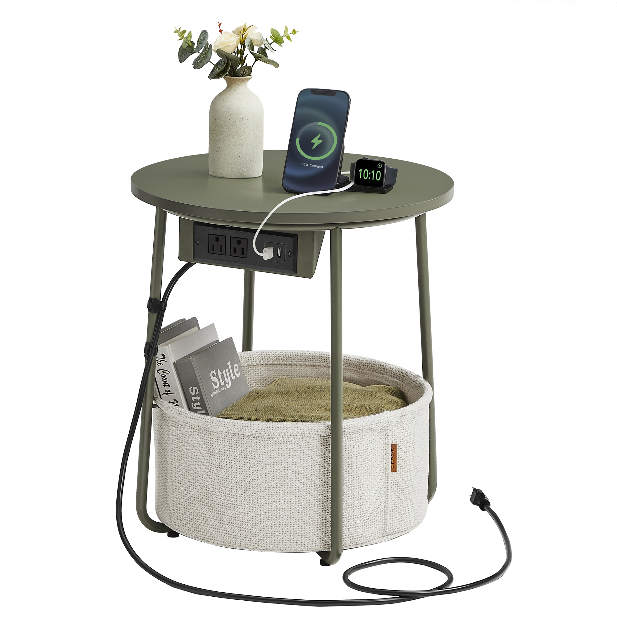 VASAGLE Side Table With Charging Station,Fabric Basket, Round End Table