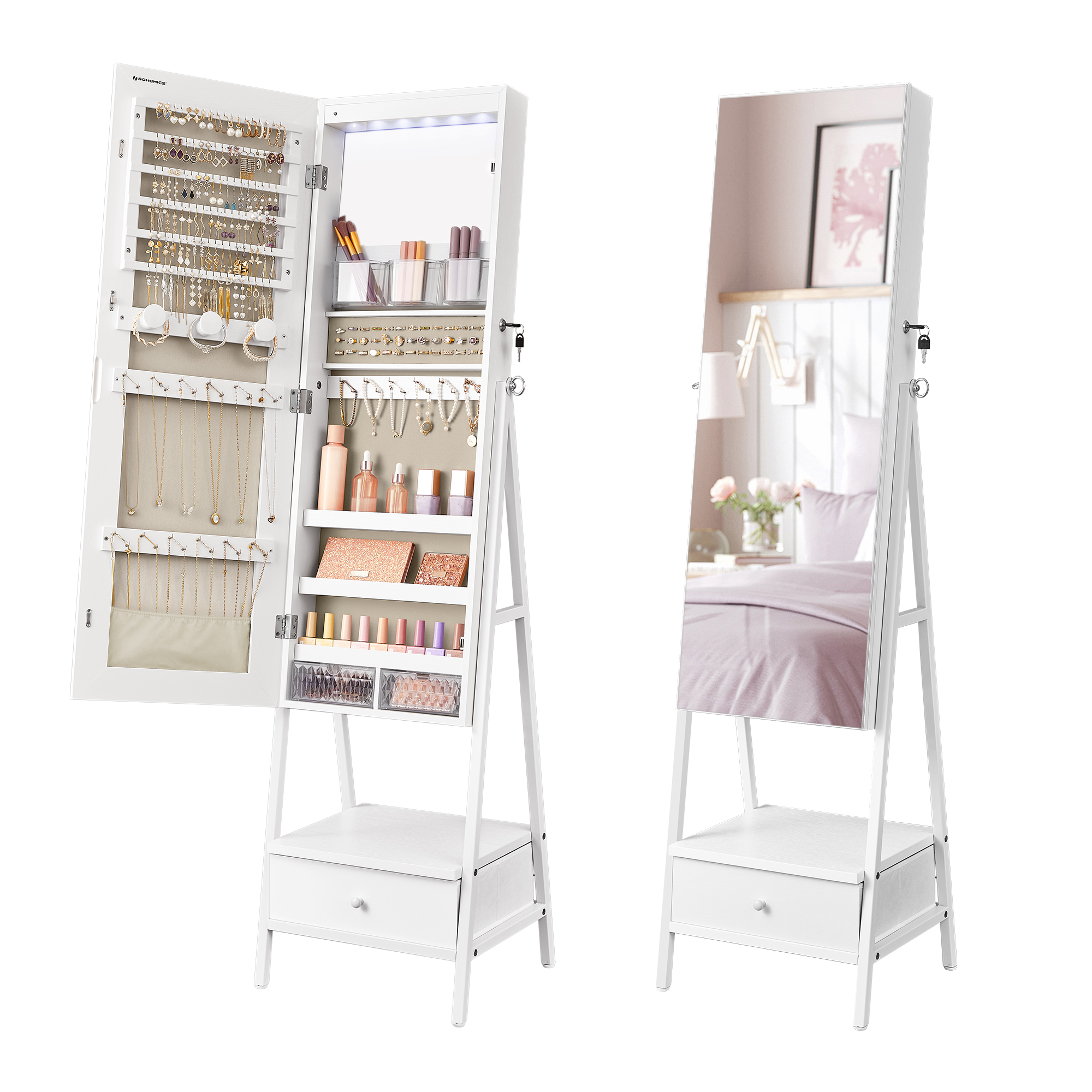 SONGMICS LED Mirror Jewelry Cabinet Armoire, Freestanding Lockable