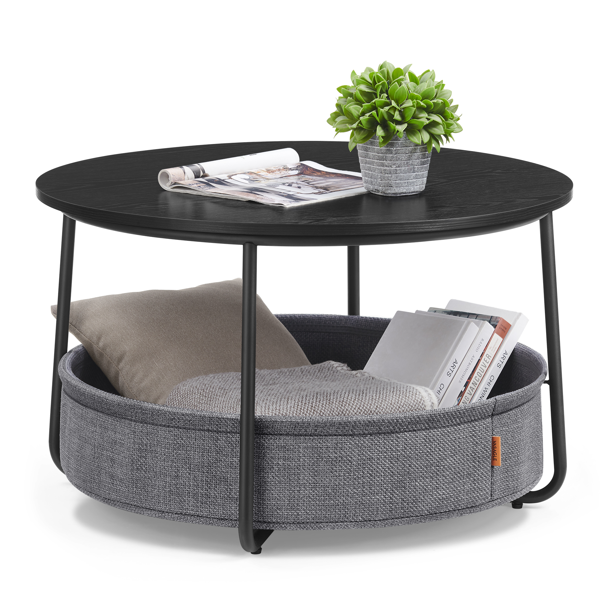 VASAGLE Round Coffee Table With Storage, Fabric Basket, Metal Frame